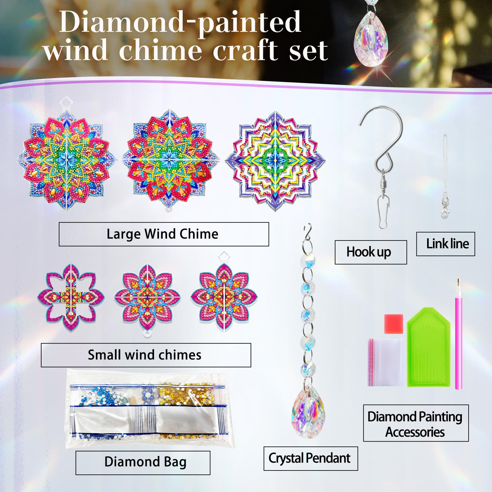 Mandala DIY akrylowe malowanie diamentowe dzwonki wietrzne z kryształowym wisiorkiem do ogrodu i domu