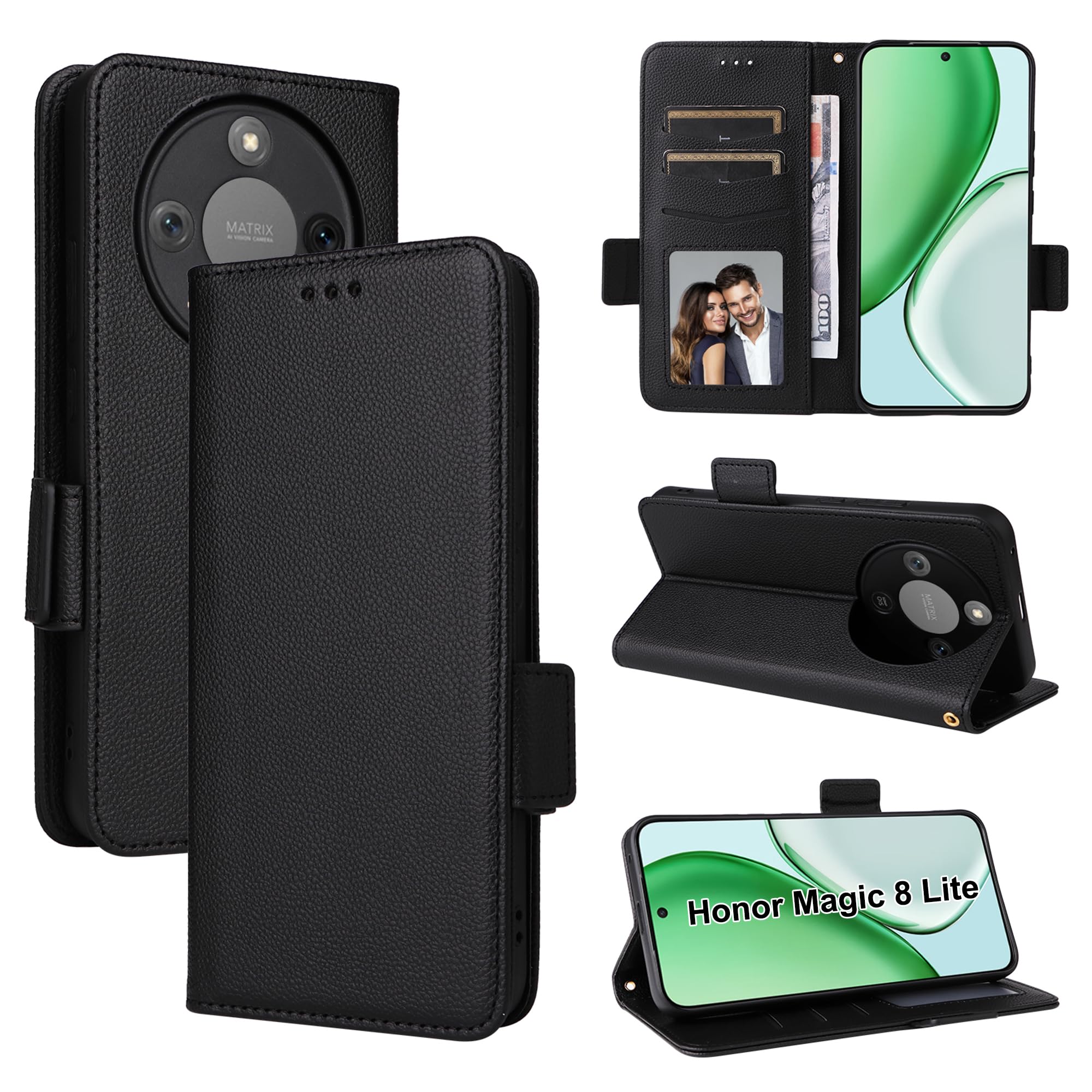 Rojeuinn Cover for Honor Magic 8 Lite Cases, Premium Magnetic Wallet Flip Case, Carbon Fibre Case - Black