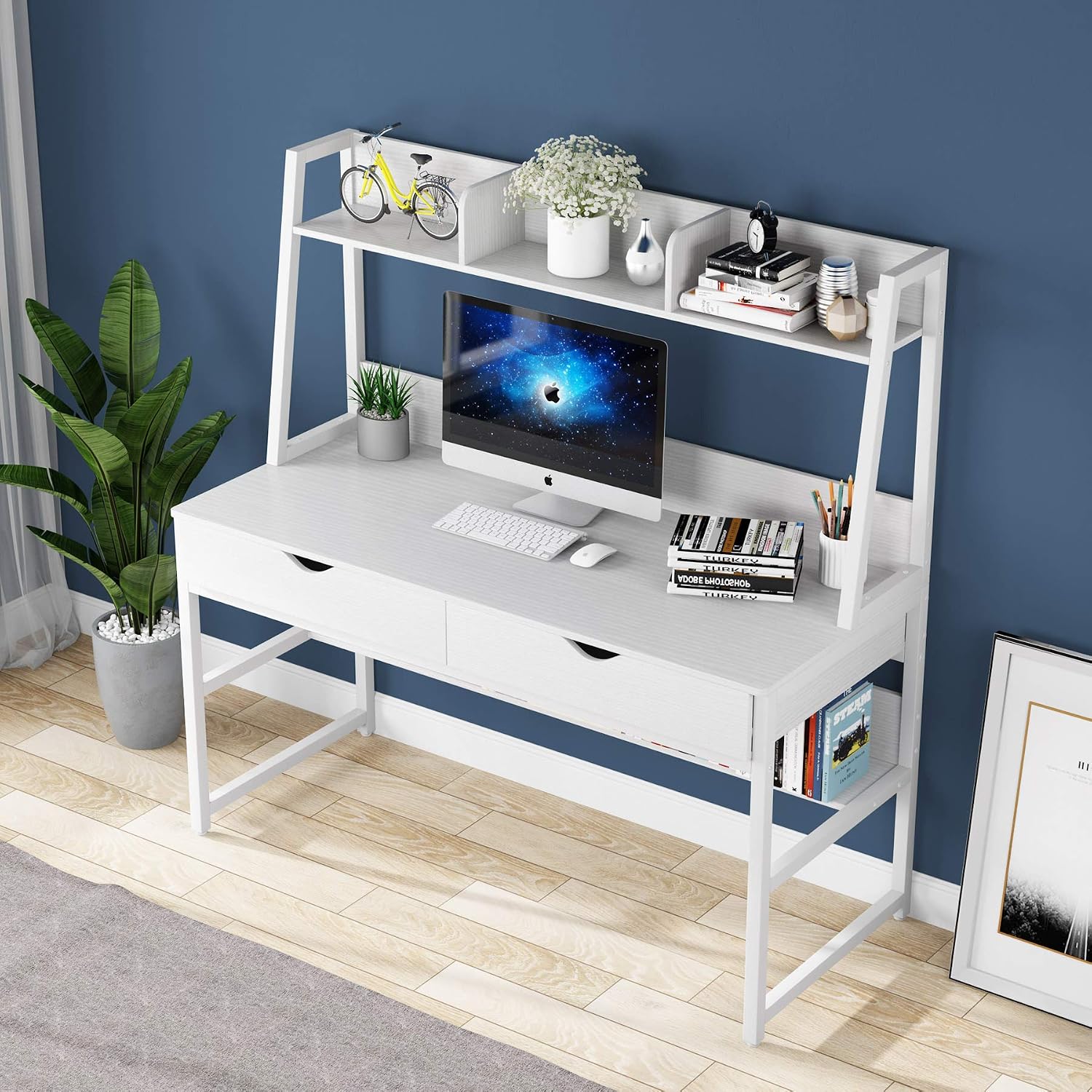 Tribesigns Computer Desk with 2 Drawers, 47 Inches Office Writing Desk with Bookshelf and Hutch, Space Saving Workstation Desk for Home Office (White)