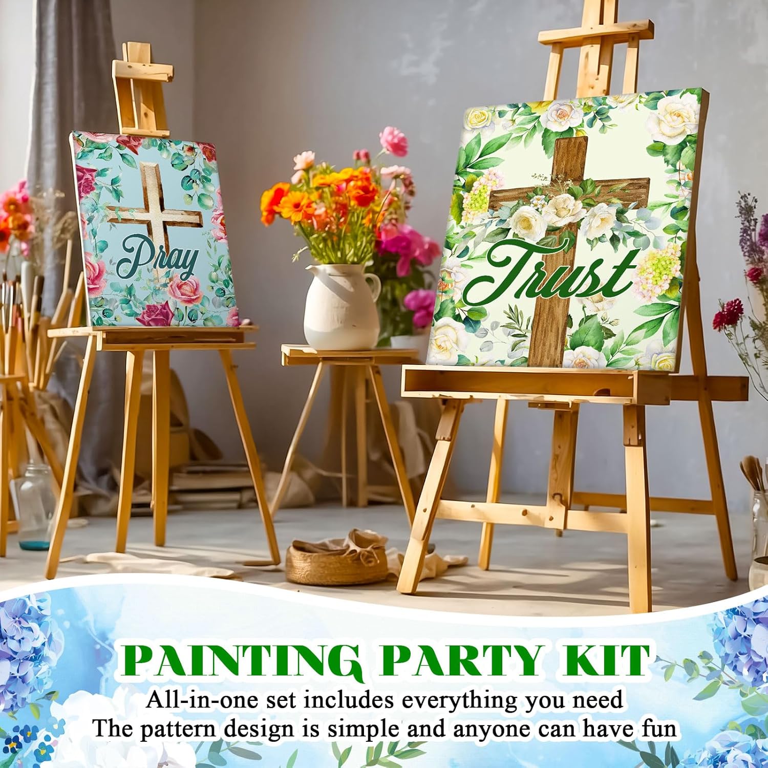 Humyoun 8 Sets 8" x 10" Inspirational Cross Pre Drawn Canvas to Paint for Sip and Paint Party Religious Predrawn Coloring Set Pre Sketched Canvas Boards with Paints and Brushes for Adult
