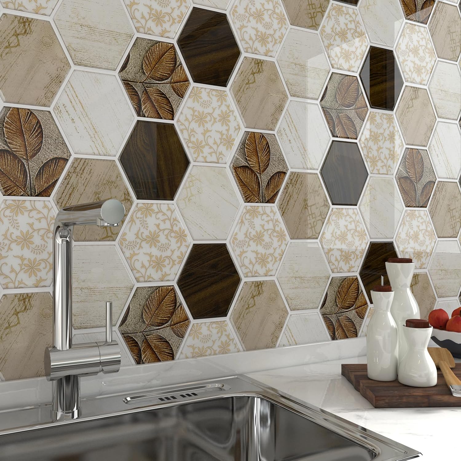 FunStick 30 Pcs Brown Hexagon Peel and Stick Backsplash for Kitchen ...