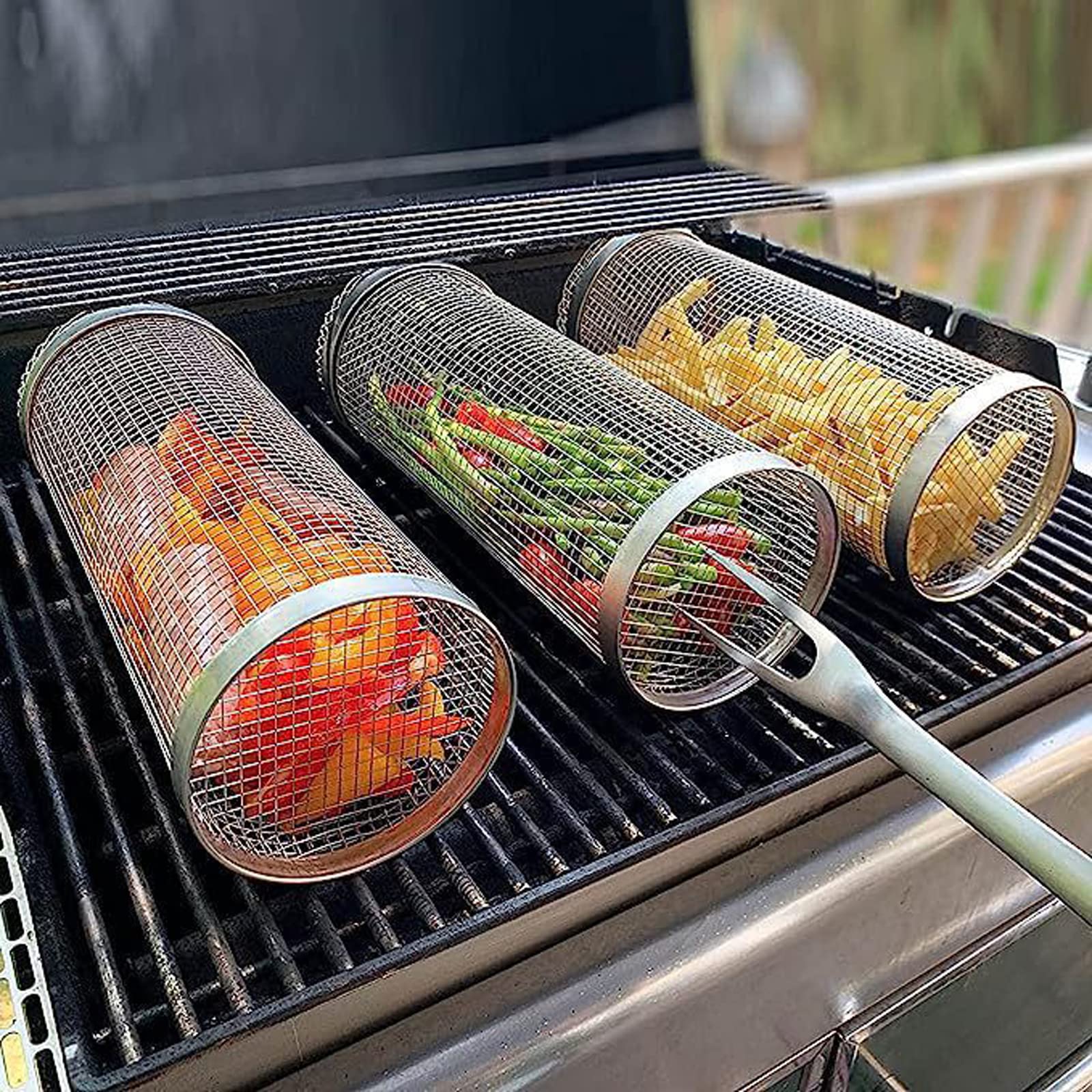 BATLAM Cestello per griglia Rotante, Cestello per griglia per Barbecue in Acciaio Inossidabile Girarrosto per Pesce, Cestello per griglia per Pesce Verdure Bistecca Tritatutto per gamberi-L (S)