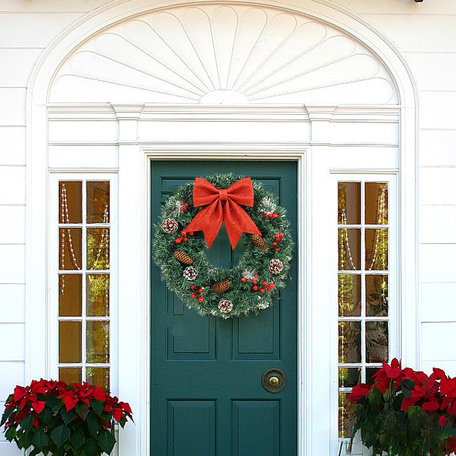 Corona de Navidad artificial preiluminada, guirnalda de Navidad artificial de 45 cm para puerta delantera con lazo rojo, piñas de pino, bayas rojas, 40 luces LED para decoración de Navidad en