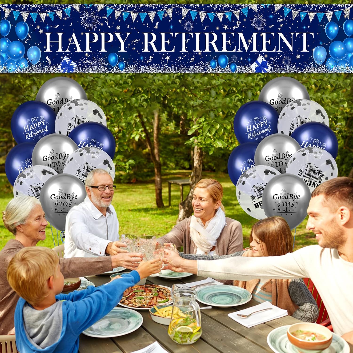 Navy Blue Silver Happy Retirement Banner Yard Sign with 18pcs Balloons - Retirement Party Photo Booth for Men, Women & Office Farewell Party Supplies