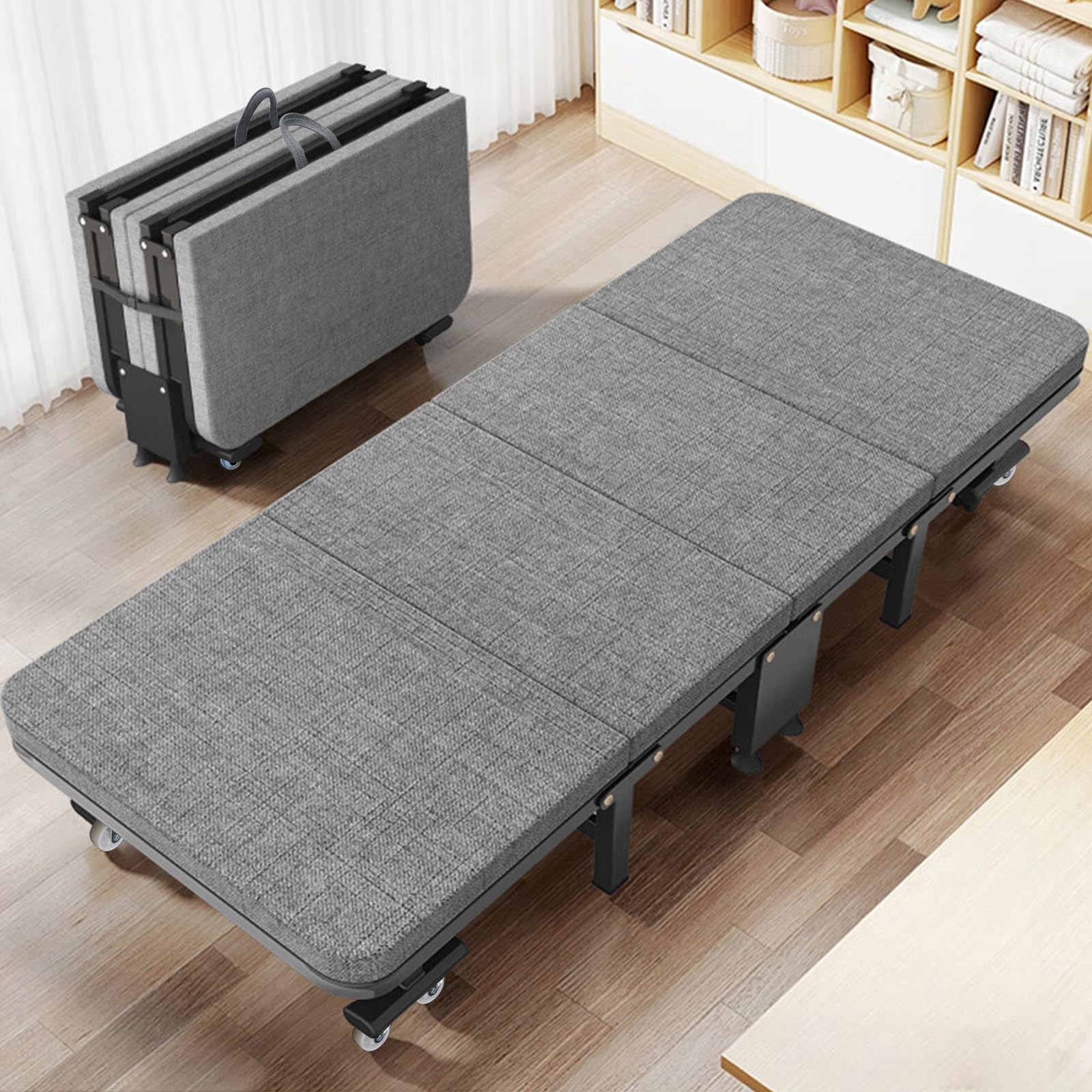 Letto Brandina Pieghevole con Materasso, 70x190cm Letto a Scomparsa, Letto Pieghevole Portatile con Struttura Resistente E 8 Ruote Girevoli