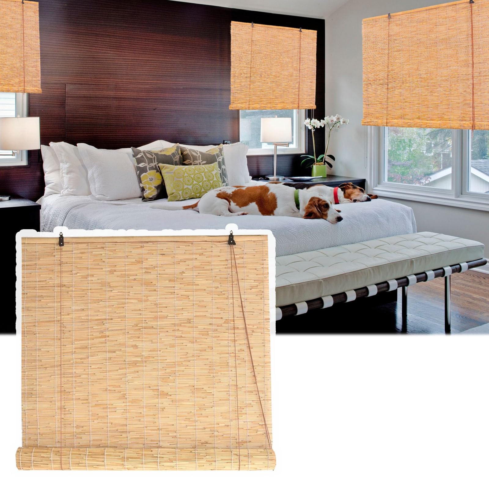 QHDPKU Cordless Bamboo Shades Blinds for Indoor/Outdoor Patio Porch, Roman Bamboo Window Shades UV Protection Retro Roll-up Curtains, Custom Sized