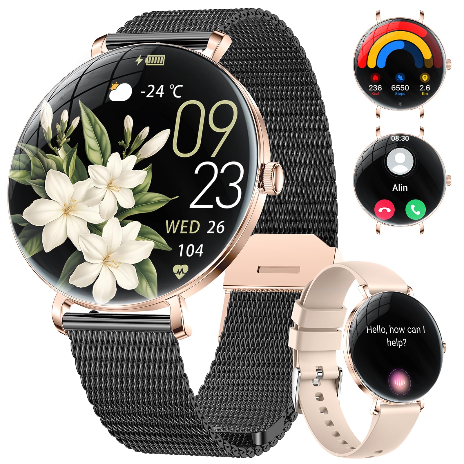 BENYAR SMART Montre Connectée Femme, 1.43" Ultra-Fin Écran AMOLED avec Appel Bluetooth, Santé Féminine, Étanche IP68, 110 + Modes Sportifs, Podomètre, Smartwatch Femme pour iOS Android, Maille Noire