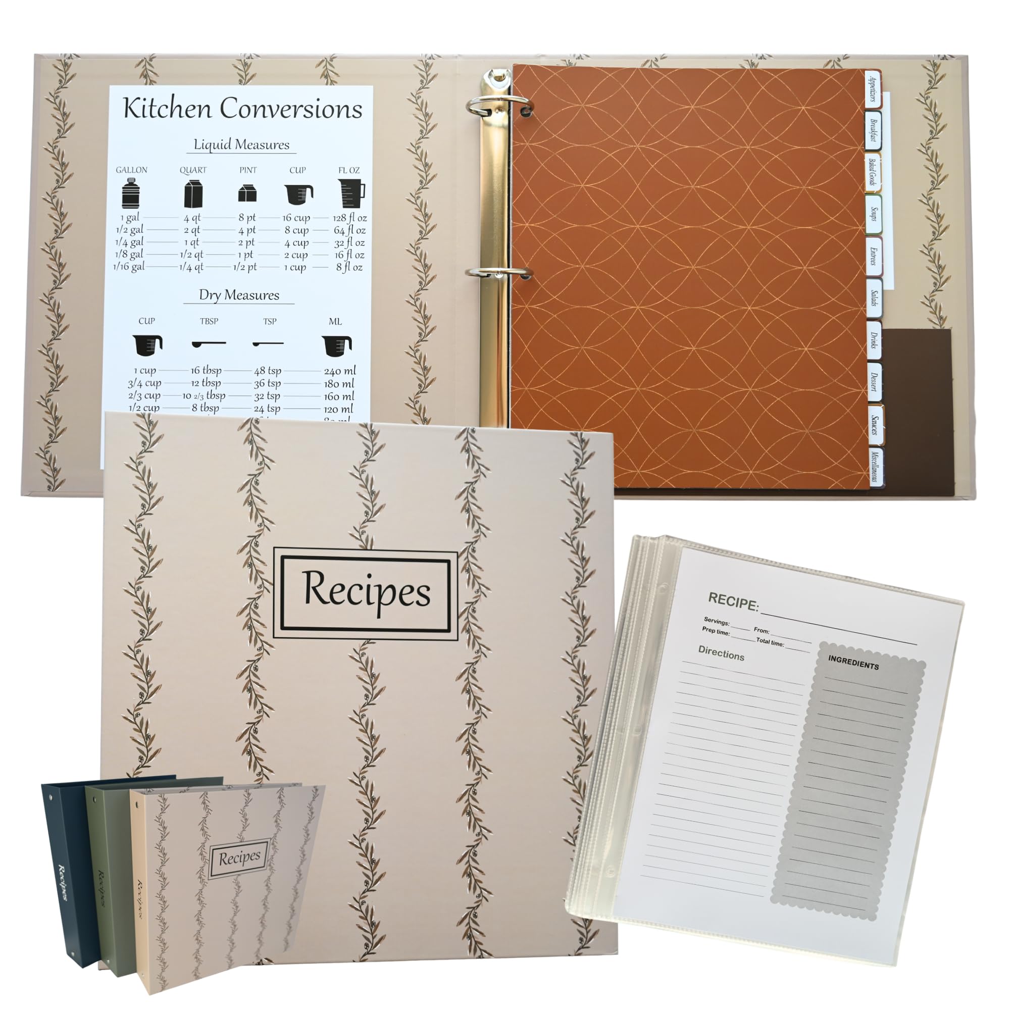 Recipe Binder with Plastic Sleeves, Custom Dividers, Labels. Water-Resistant Blank Recipe Binder 8.5x11 3 Ring Full Page Cookbook Organizer (Harvest