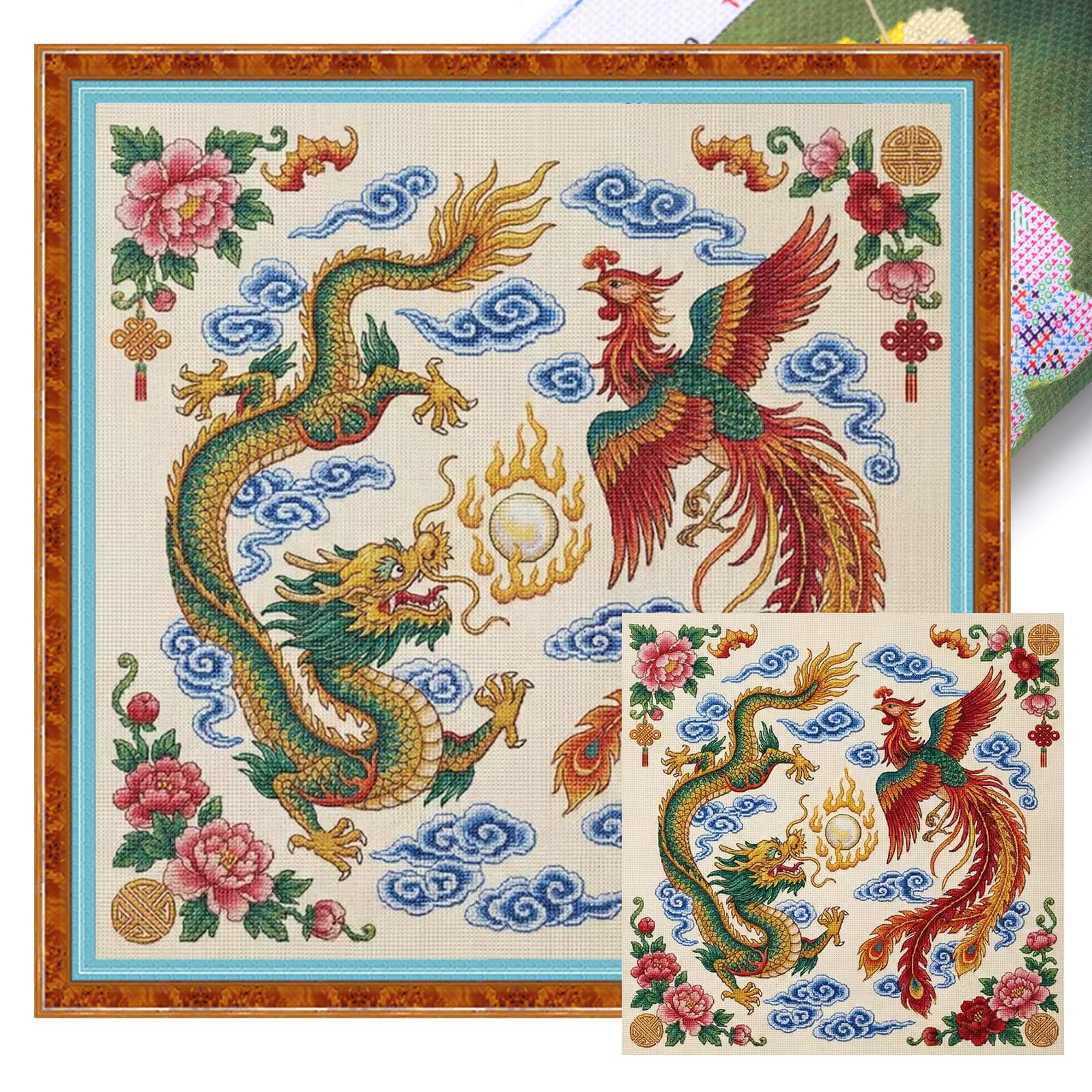 Dragon Phoenix Prosperity Full 14CT DIY Cross Stitch Kit 17.71x17.71inch Beginner Embroidery Needlepoint Home Decor