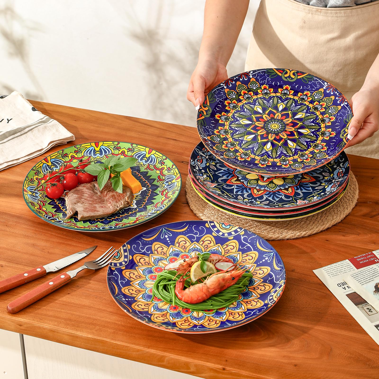 AHX Set di 6 Piatti Piani in Ceramica - Piatti Colorati Grandi per Portate Principali, Pasta, Insalata e Bistecca - Stile Bohémien - Adatti a Microonde e Lavastoviglie - 26,7 cm