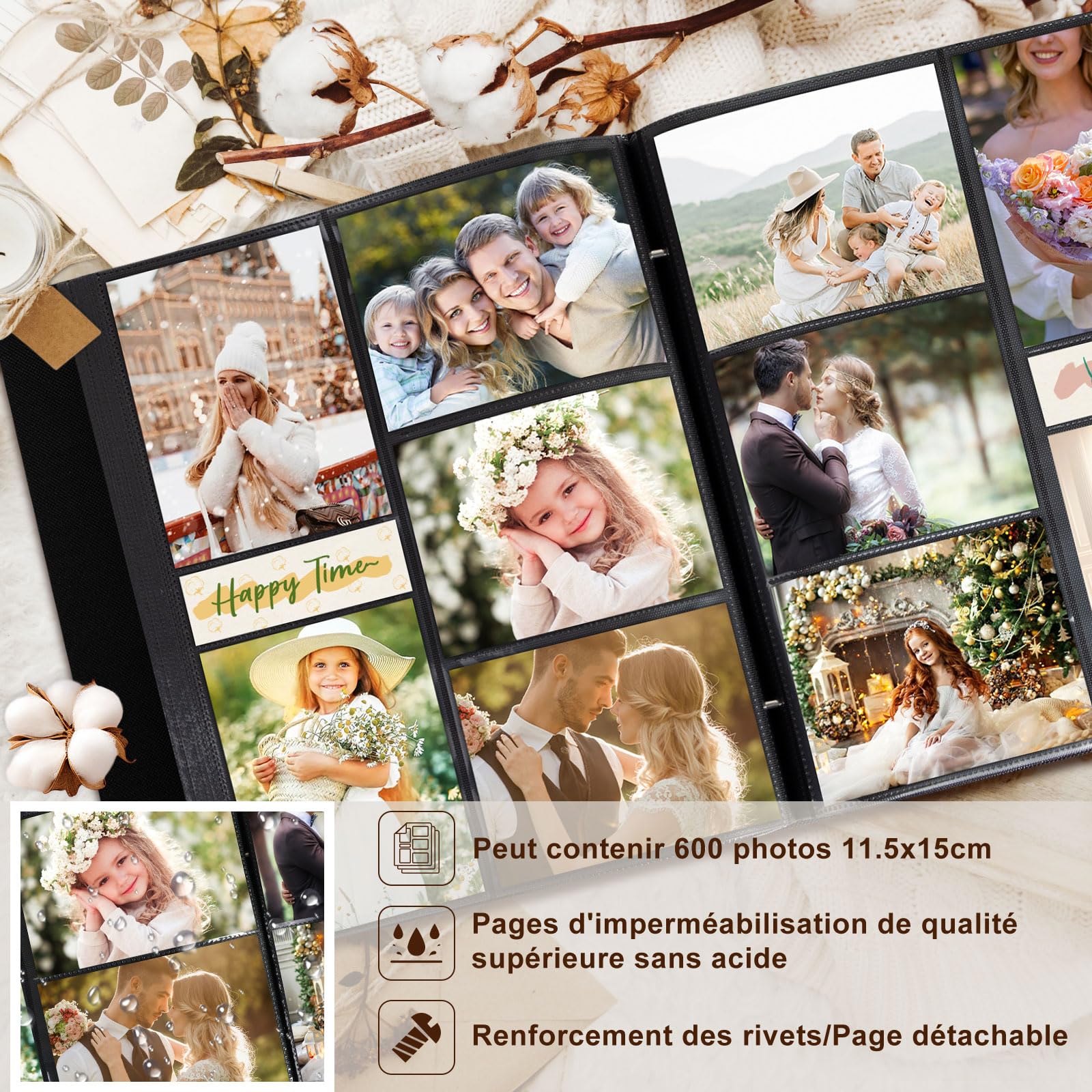 Lanpn Album Photo 11,5x15 11x15 600, Grande Capacité Lin Tissu Album pour Vertical Horizontal Photos Pochette (Beige)