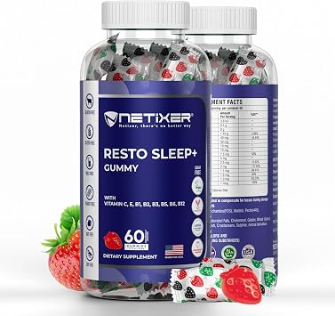 Resto Sleep+ Gummies Melatonin 5mg, Valerian Root 30mg, Chamomile, Lavender | with Vitamin C, E, B1, B2, B3, B5, B6, B12 | 60 Vegan Gummies | Strawberry Flavor | Individually Wrapped