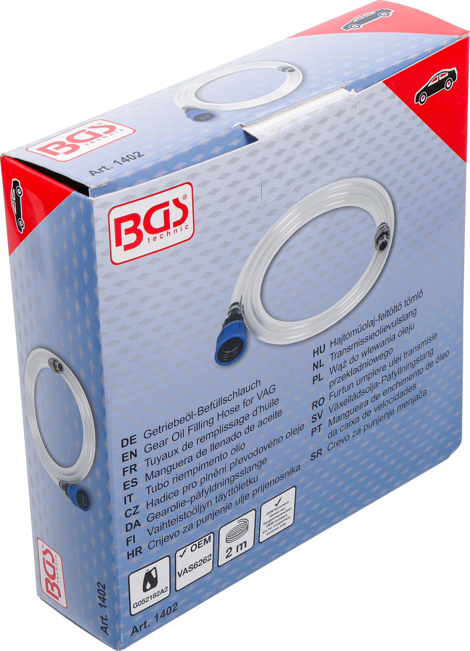 BGS 1402 | Getriebeöl-Befüllschlauch | für VAG DSG Getriebe | Länge 2 m | Adapter für 1 Liter Ölgebinde | Rücklaufventil gegen Verschmutzungen