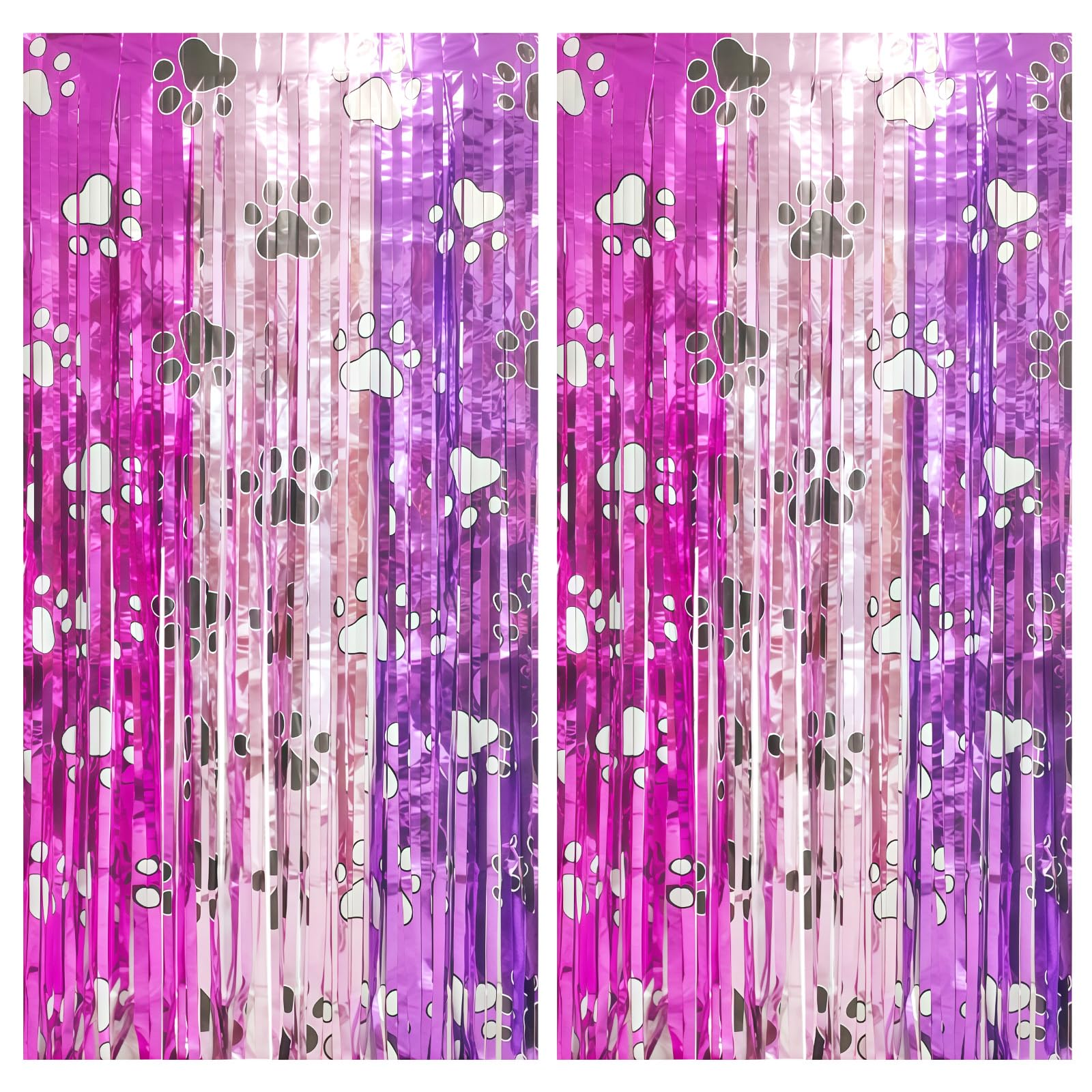 2 Pack 3.3 Ft x 6.6 Ft Metallic Tinsel Foil Fringe Curtains Paw Birthday Party Decorations Shimmering Pink Purple Rose Red Dog Paw Foil Fringe Streamers Backdrop Curtains for Dog Birthday Party Decor — image 1