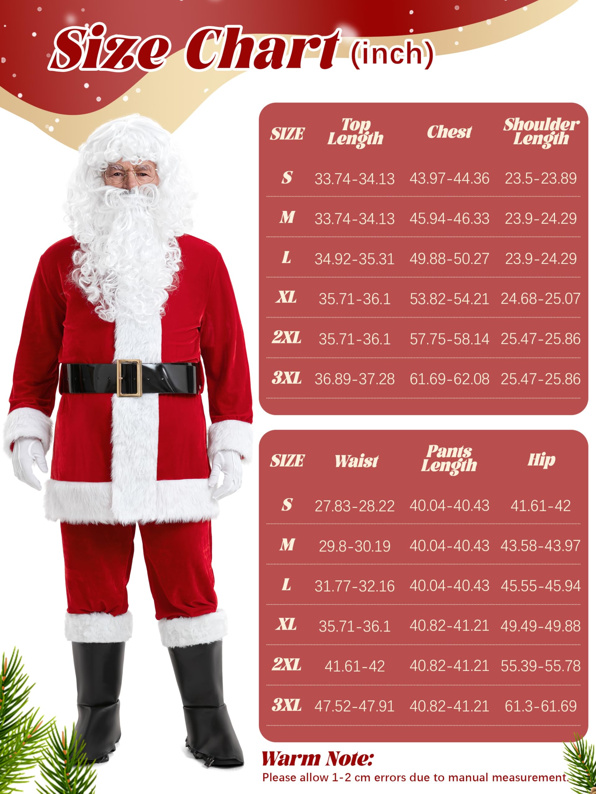 Santa Claus Costume for Men, 12 Pieces Christmas Santa Suit Adult Men Outfit Suits Cosplay Velvet Coat