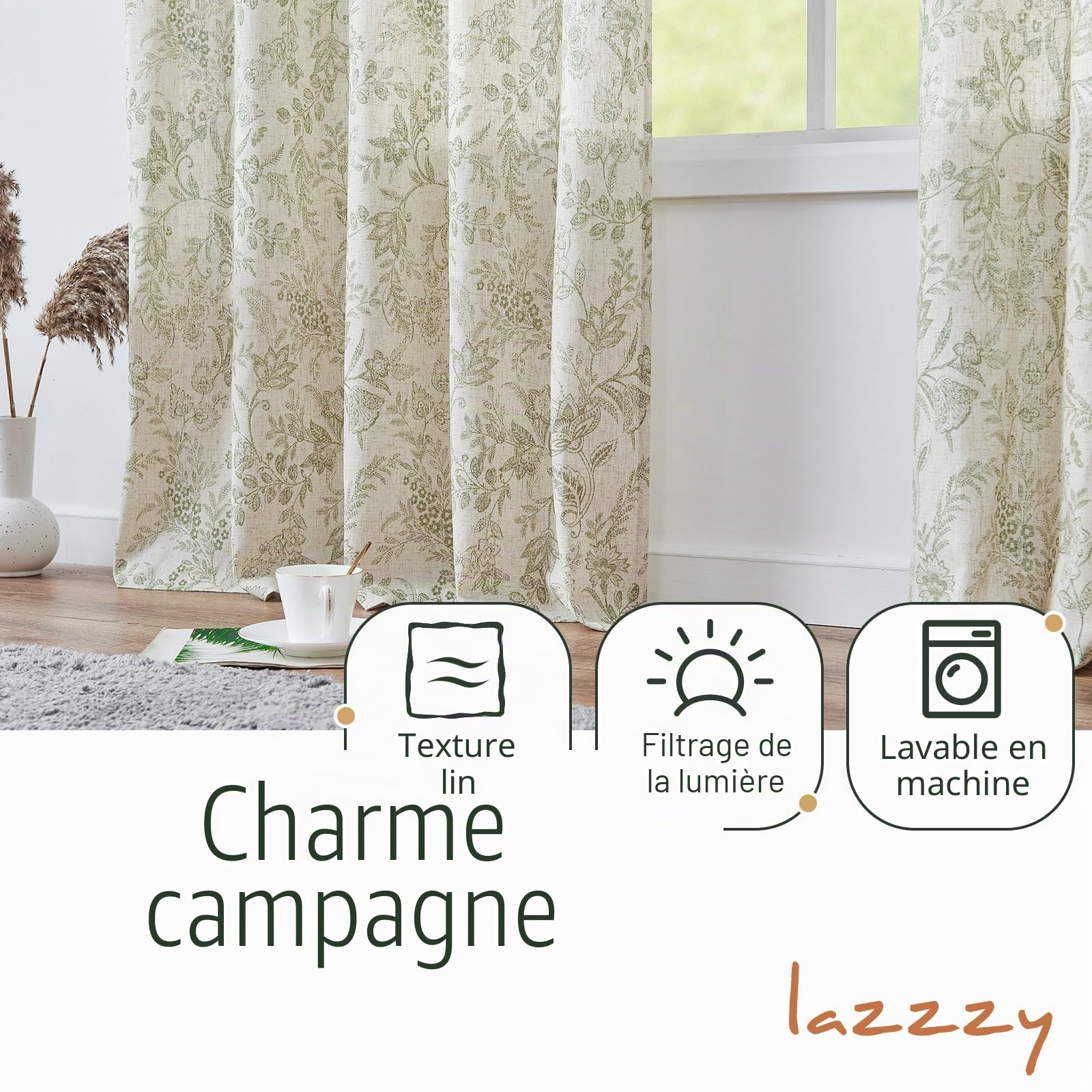Lazzzy Lot de 2 Panneaux de Rideaux en Lin Semi-Transparents à imprimé Floral Vert Rustique de 213,4 cm de Long avec Pattes arrière pour Salon, Chambre à Coucher – Rideaux rétro campagnards avec