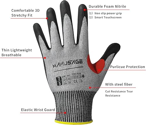 Miniatura 2 de MANUSAGE Guantes resistentes a cortes, guantes de trabajo resistentes a cortes A5, guantes de trabajo para hombres y mujeres, guantes de trabajo