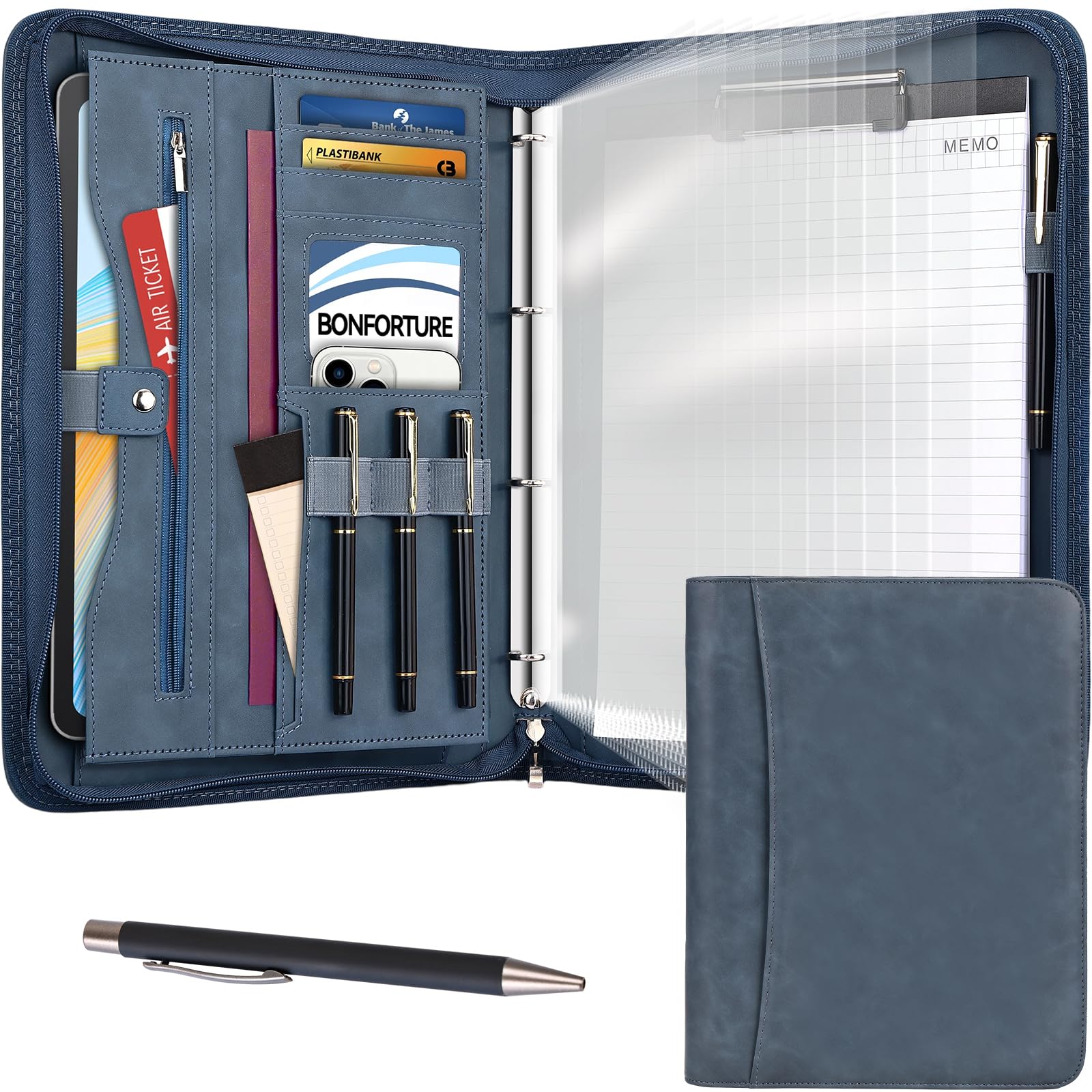 BONFORTURE Portfolio Folder A4 with Multi-Pockets Conference Folder Blue