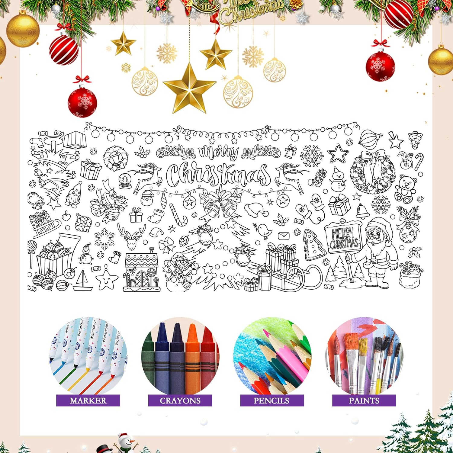 Christmas Giant Coloring Poster, 30 x 72 Inches Paper Coloring Tablecloth for Kids Christmas Decorations Large Coloring Activity Poster for Kids Crafts Home Classroom Party Suppiles (Christmas)