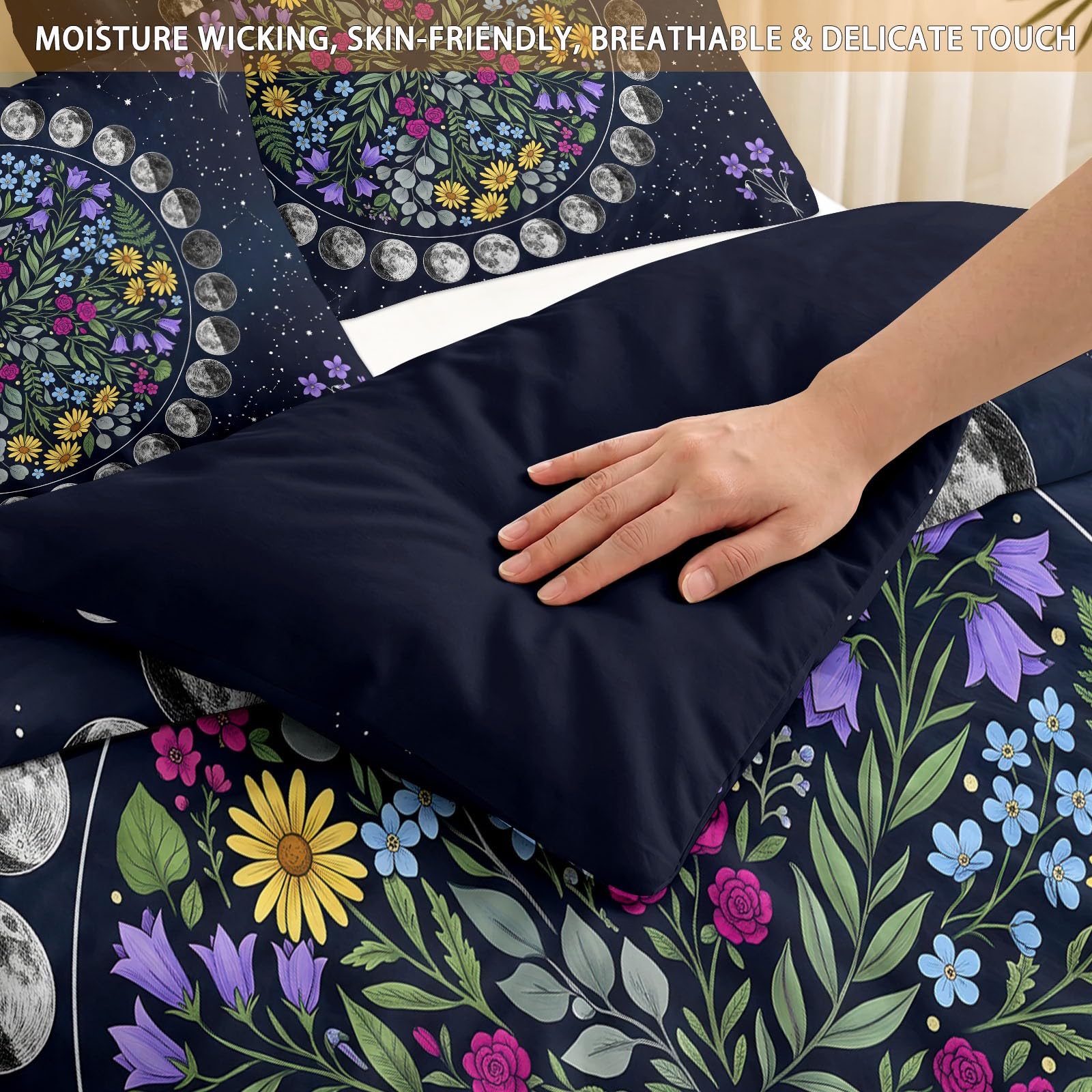 Zestaw pościeli z mikrofibry z nadrukiem Mandala Księżyc Zielone Liście, 3 sztuki: 1 poszwa na kołdrę 200 x 200 cm 2 poszewki na poduszki, zamek błyskawiczny, do podwójnego łóżka dla dorosłych, szary