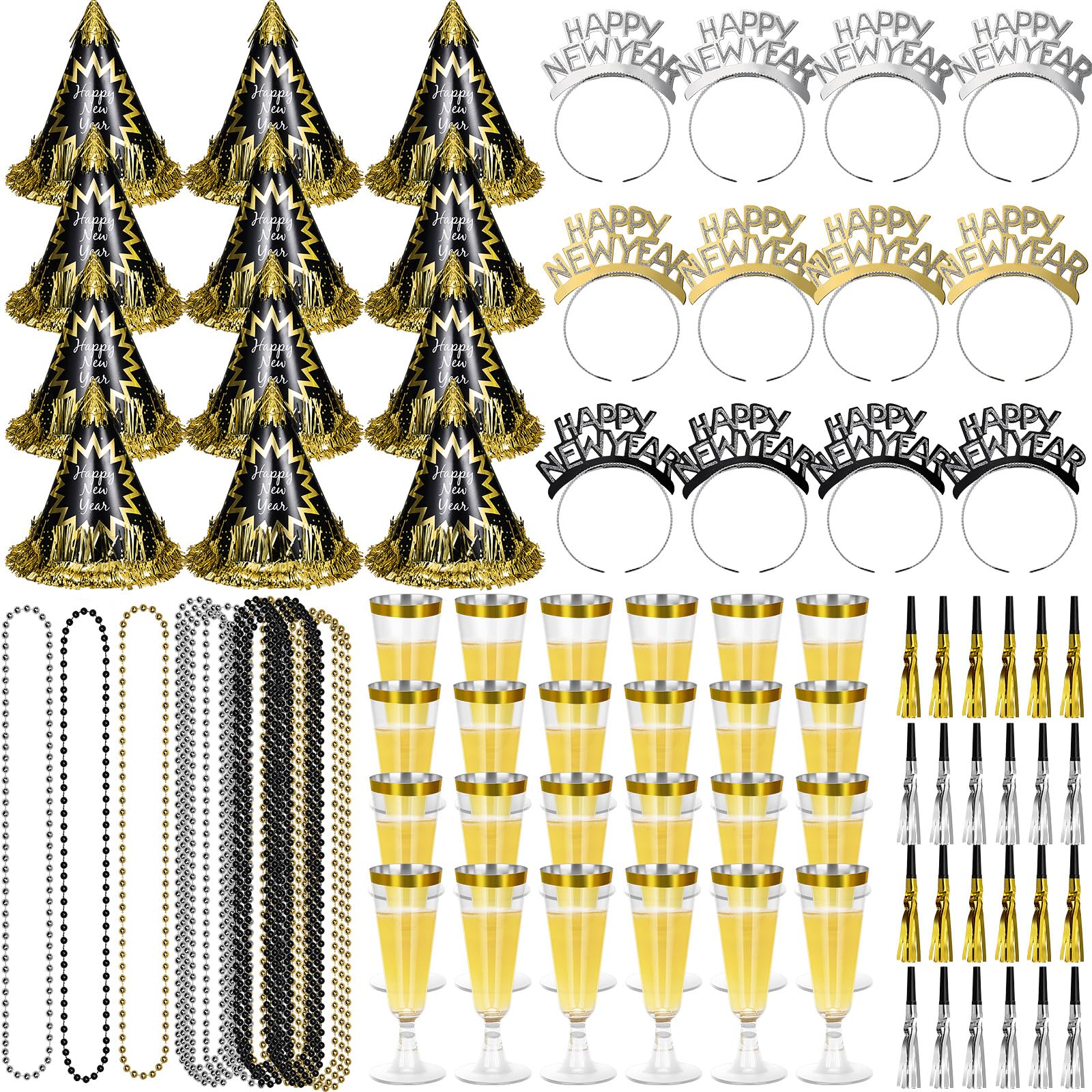 96-teiliges Silvester-Partyzubehör enthält 12 Kegelhüte, 12 Stirnbänder, Diademe, 24 Kunststoff-Champagnerflöten, 24 Perlenketten, 24 Squawker für Happy Silvester-Dekorationen, Party (96)