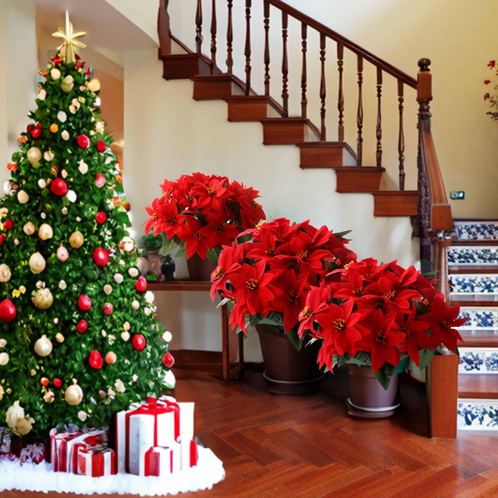 6 Bouquets Christmas Poinsettia Flowers Artificial Flowers for Outdoor Indoor Decoration 35cm Red Poinsettia Flower with 7 Stems 42 Poinsettia Flowers for Porch Pot Vase - Image 2