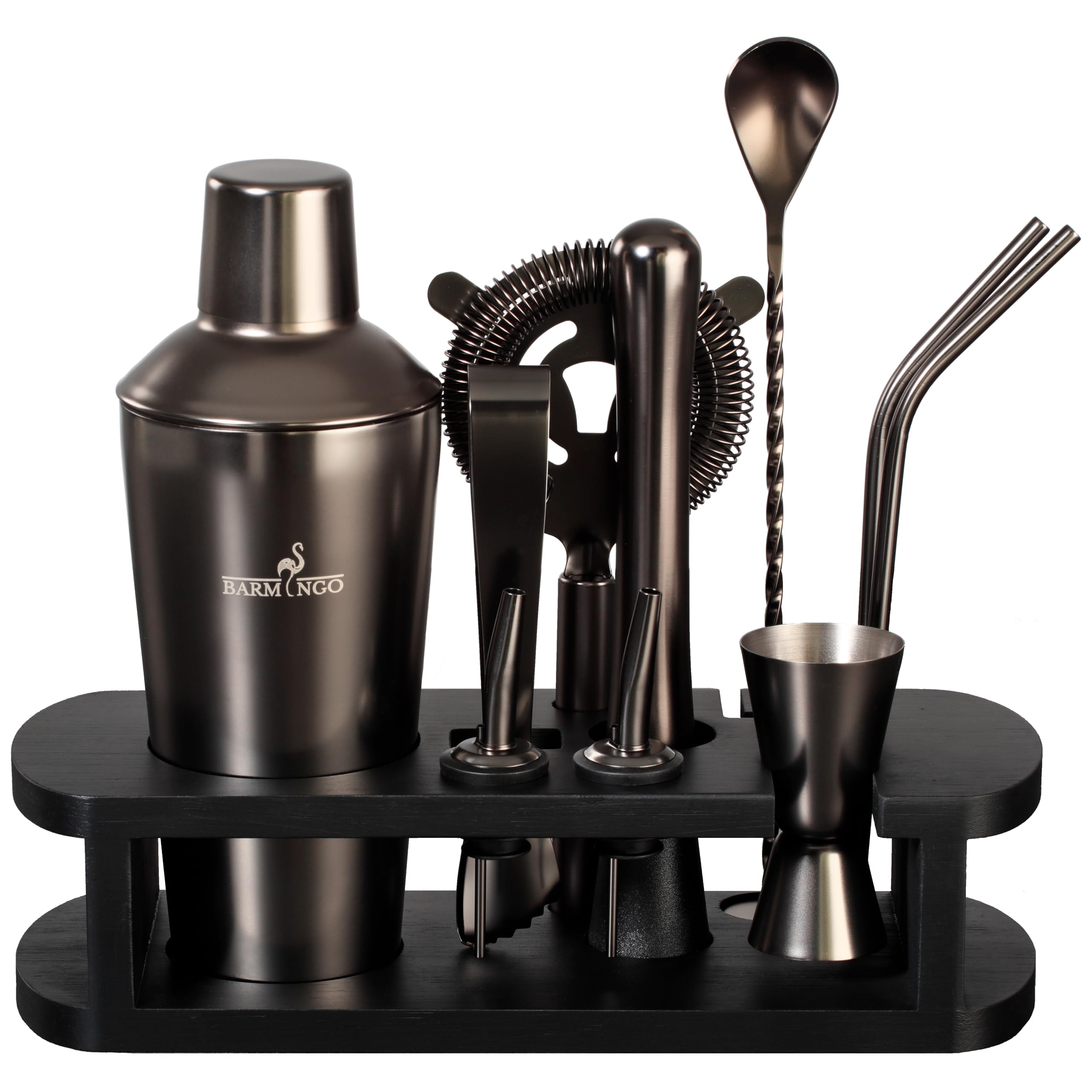 Shaker Cocktail Kit | 11 Pièces, Volume de 700 ML, Noir Métallisé | Shaker Cocktail INOX avec Support et Accessoires de Bar | Set Barman Cocktail Shaker | Kit Cocktail Professionnel