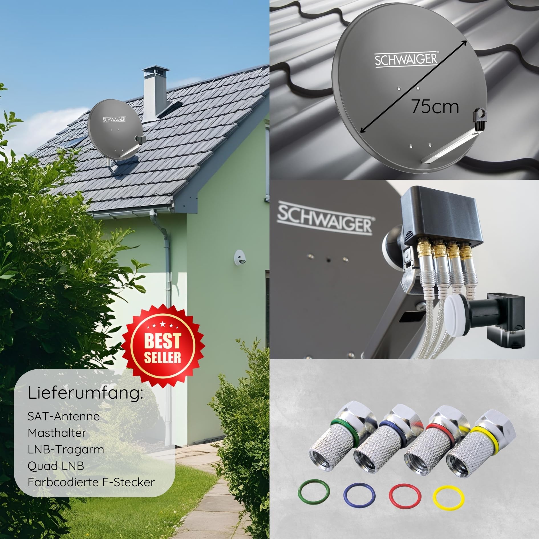 SCHWAIGER 517 SAT system kompletny zestaw Antena satelitarna, Quad LNB (cyfrowy), 8x F-wtyk 7mm, antena satelitarna stalowa, antracytowa z materiałem montażowym