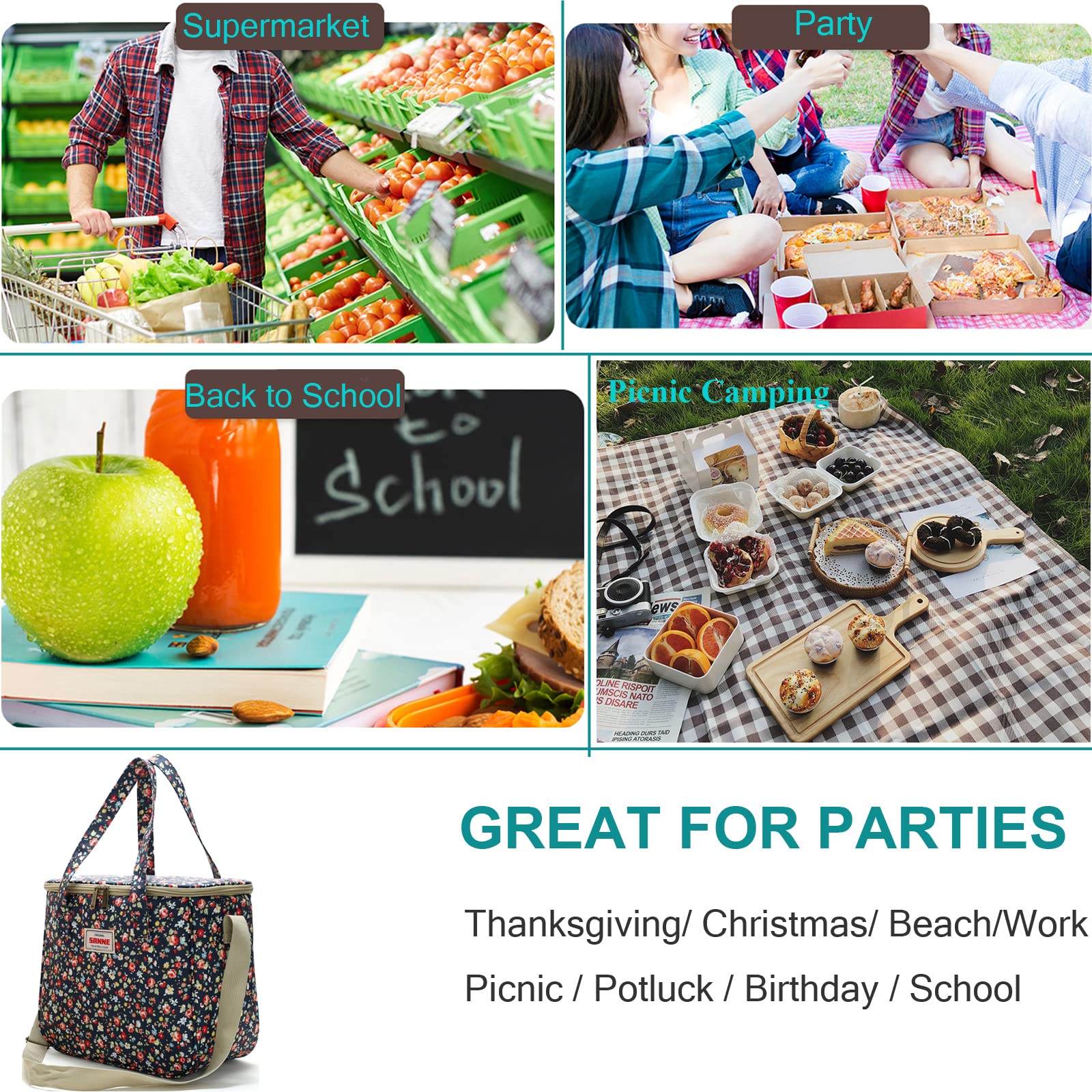 Borsa termica riutilizzabile per donne e ragazze, borsa termica per il pranzo con tracolla regolabile, graziosa borsa termica per scuola/spiaggia/escursionismo/picnic/allenamento, motivo