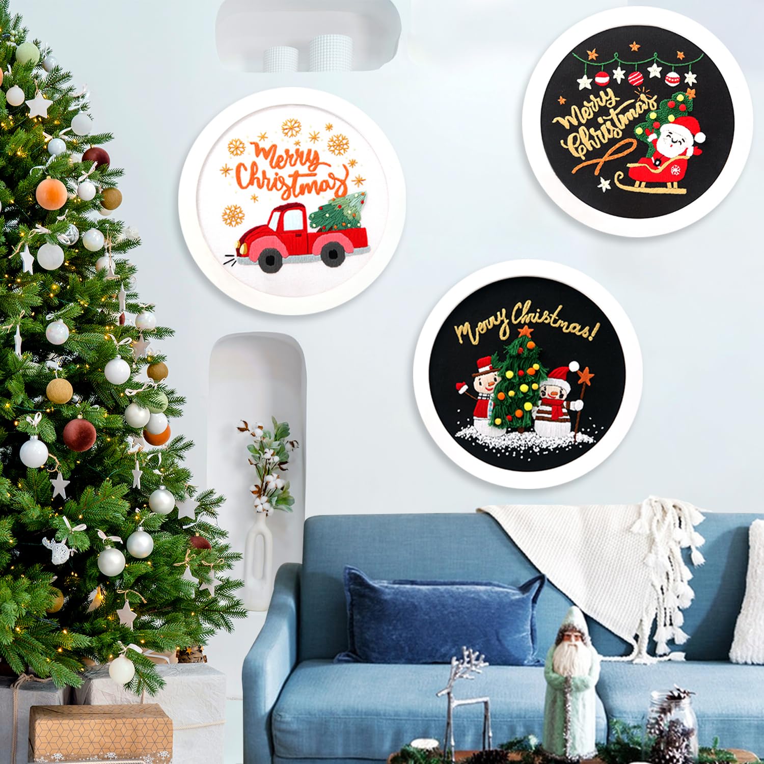 3 Sets Weihnachts-Stickerei Kit Für Anfänger – Inkl. Stoff Mit Motiv, Stickrahmen, Garn, Nadel & Anleitung, DIY Geschenk & Deko