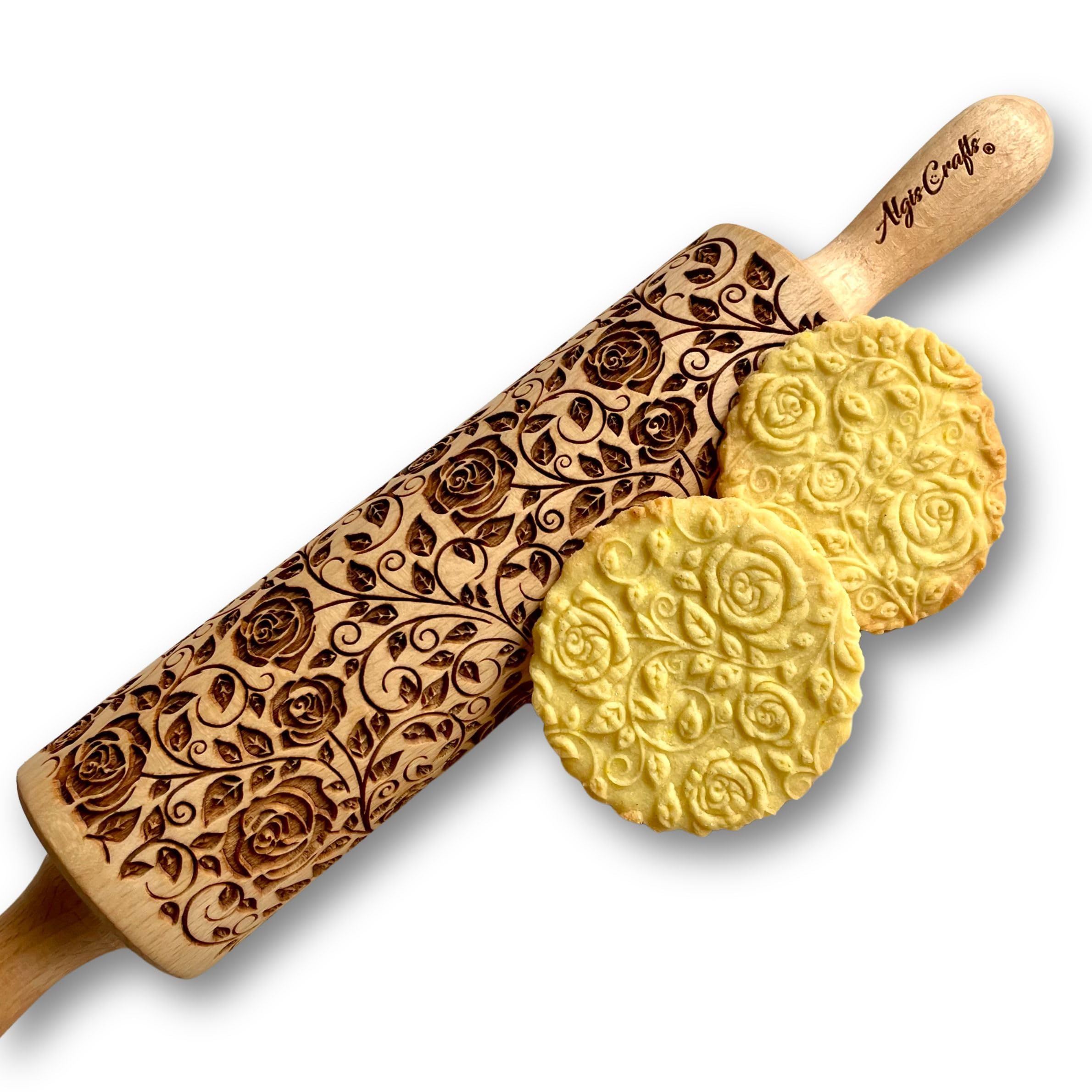 Algis Crafts - Embossed Rolling Pin for Baking Accessories with Laser Engraved Design Damascus Roses - Beautifully Handmade Pattern Rolling Pin - Decorative Rolling Pins to Make Unique Bakes