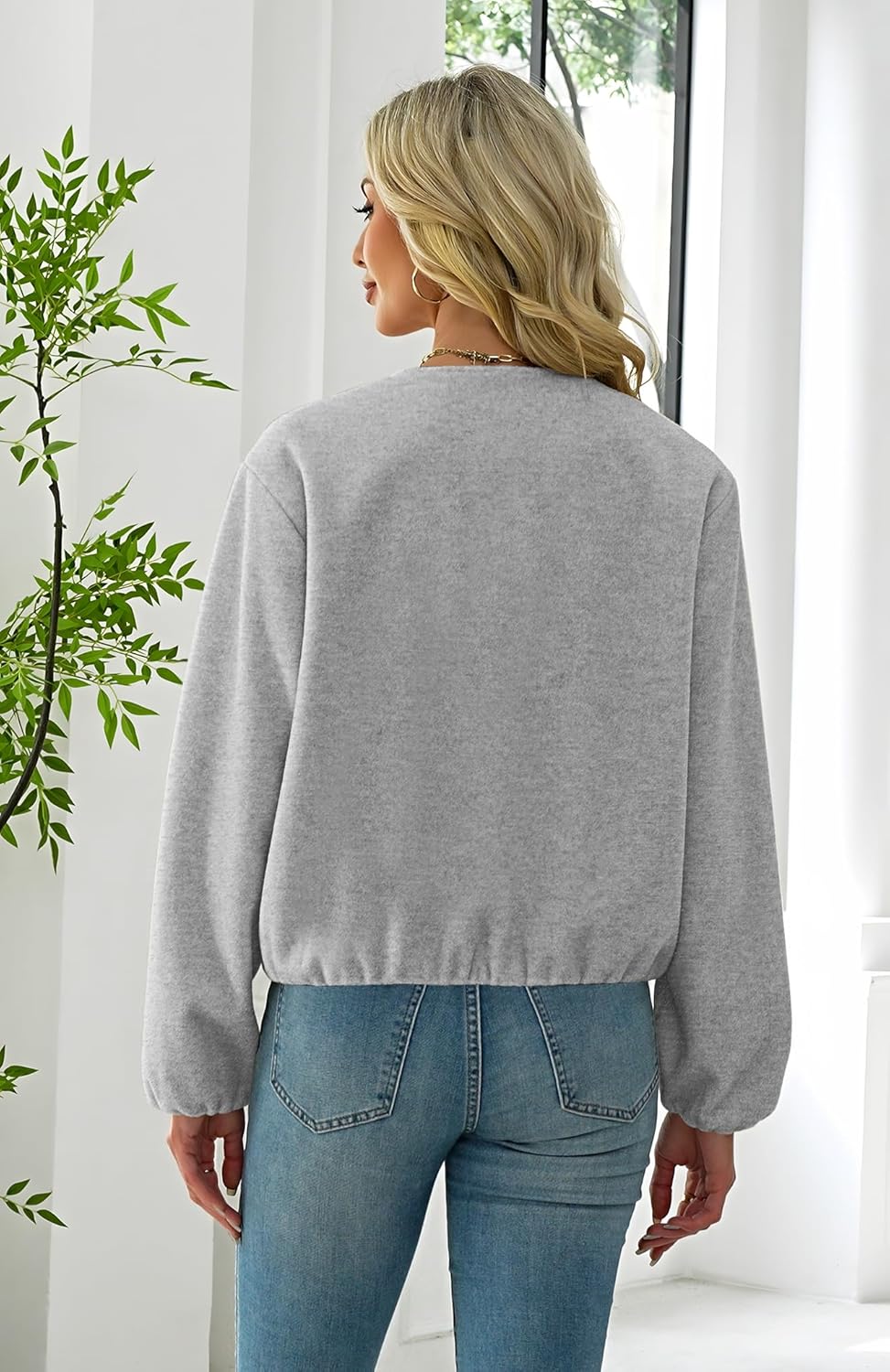 Womens Wool Blend Bomber Jackets Fall Winter Cropped Zip Up Coat Hoodless Outwear with Pockets - Image 5