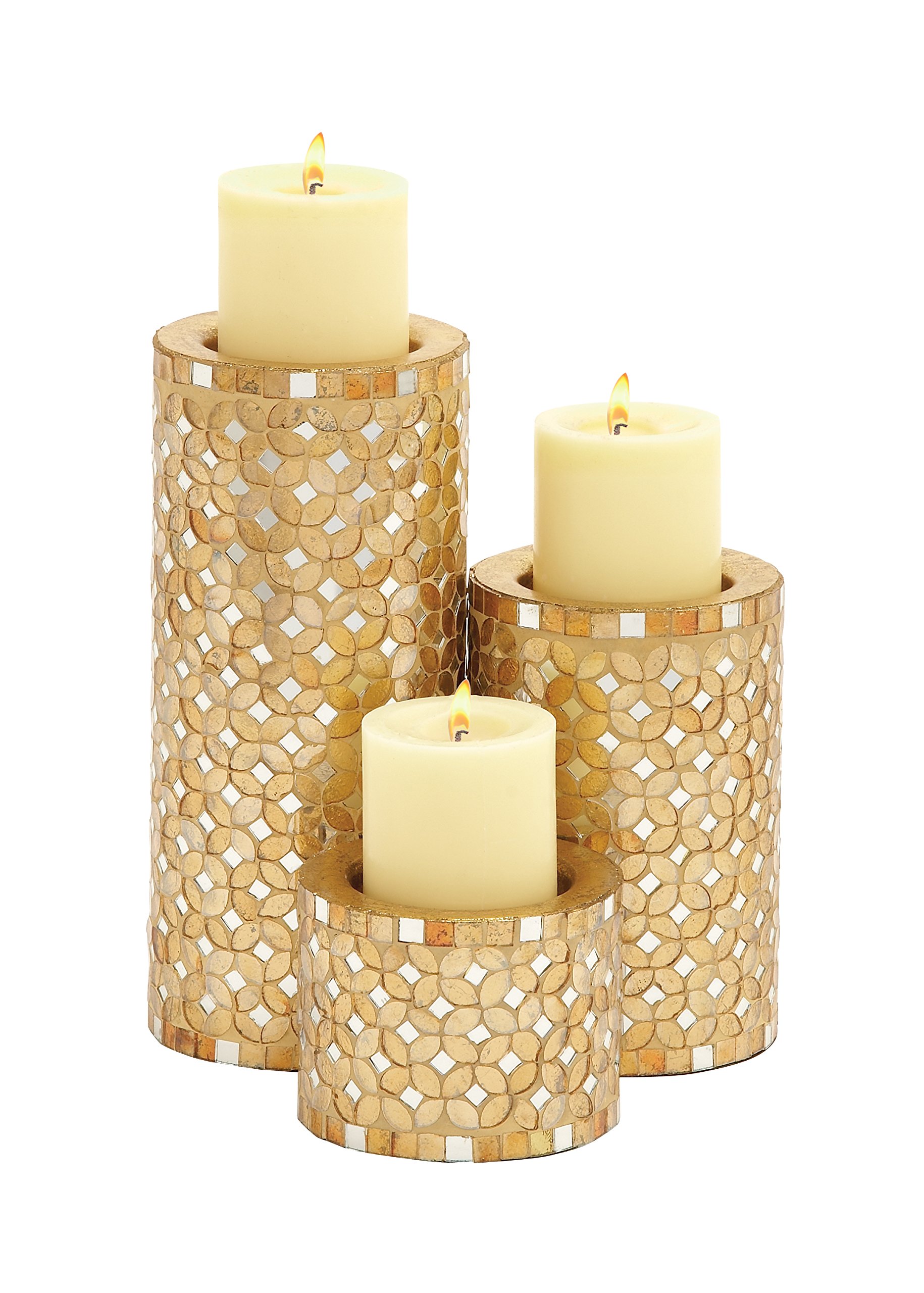 Deco 79 Metal Handmade Candle Holder with Mosaic Pattern, Set of 3 11", 7", 4"H, Gold