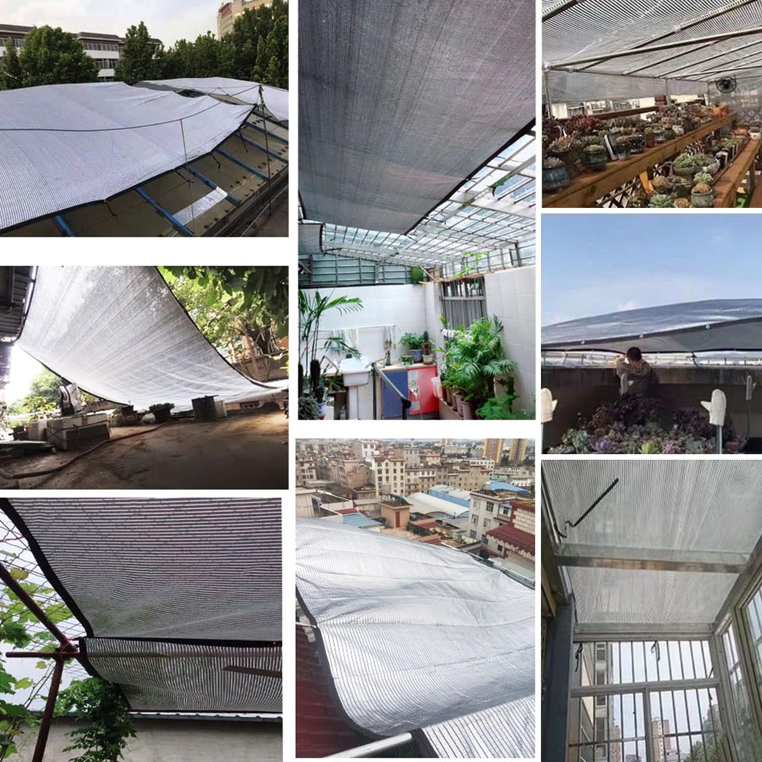 75% tkanina e- folia aluminiowa Sune Silver ochrona przed promieniowaniem UV na zewnątrz patio szklarni oddychająca izolacja cieplna z przelotkami (500 cm x 650 cm)