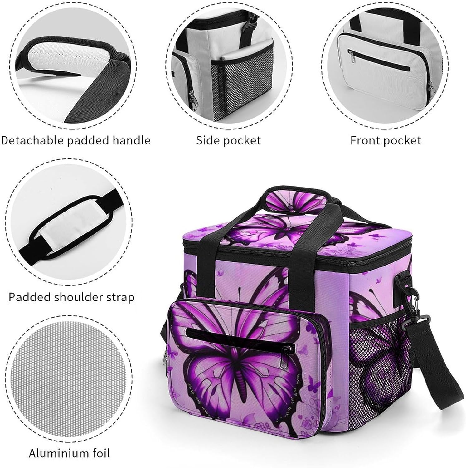 Large-Capacity Oxford Cloth Purple Butterfly Printed Camping Ice Bag, Outdoor Portable Insulation and Cold Storage Bag, Enjoy A Cool Camping Time