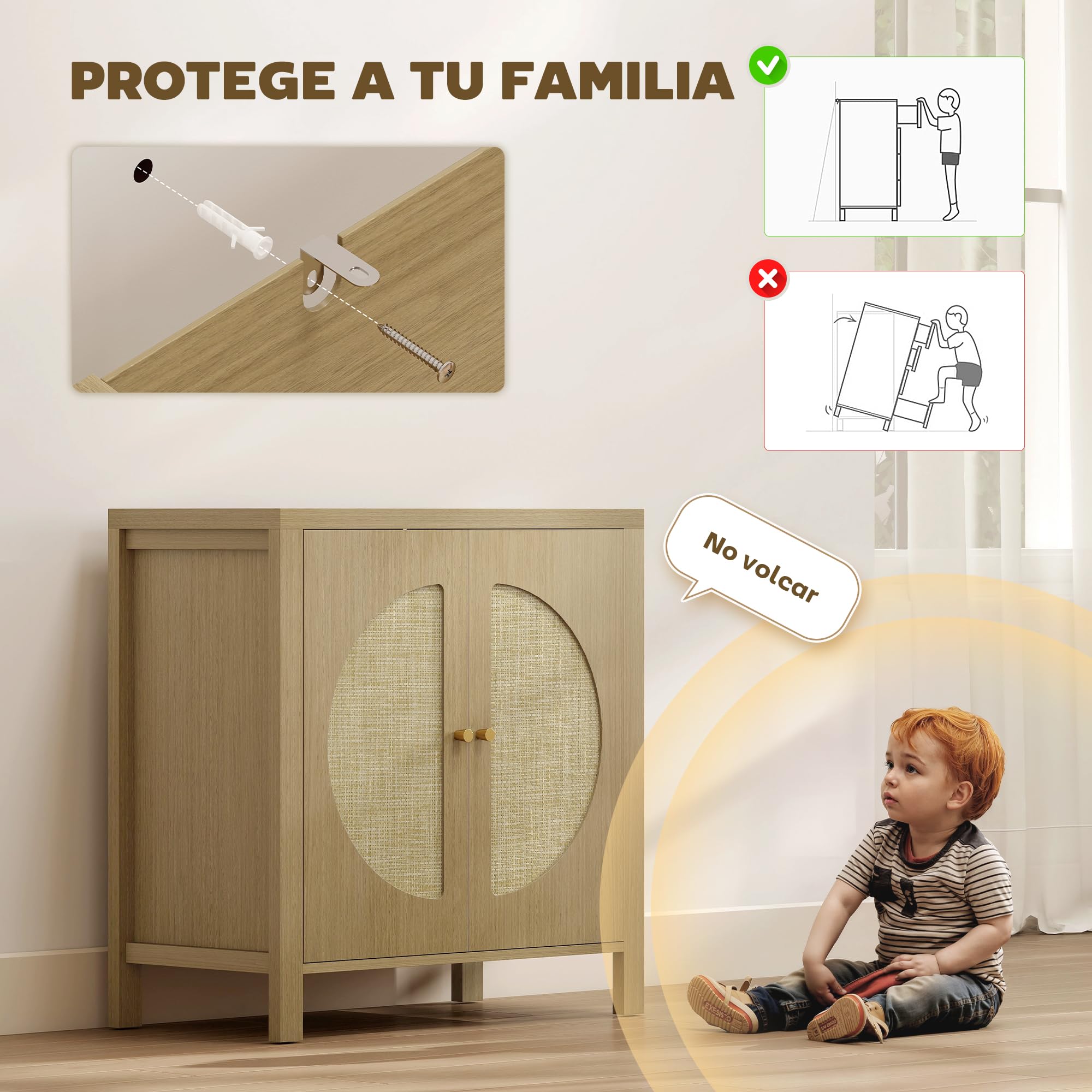 HOMCOM Aparador de Cocina con 2 Puertas Buffet 75x38x77 cm Madera Natural | Ratán Sintético, Mueble Auxiliar de Cocina, Estante Ajustable, 2 Tiradores, para Comedor, Salón, Muebles