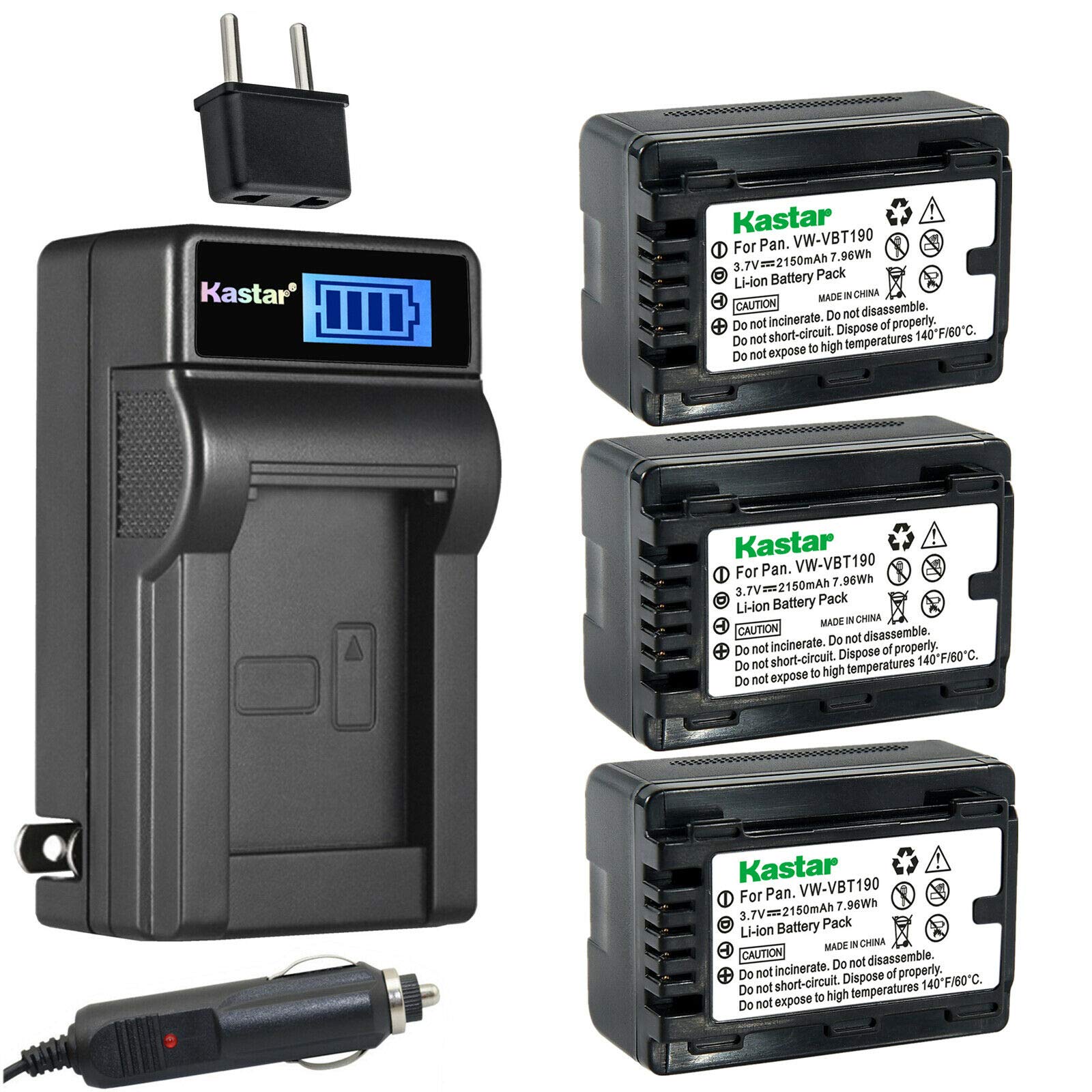 Kastar 3-Pack VW-VBT190 Battery and LCD AC Charger Compatible with Panasonic HC-VX981, HC-VX981K, HC