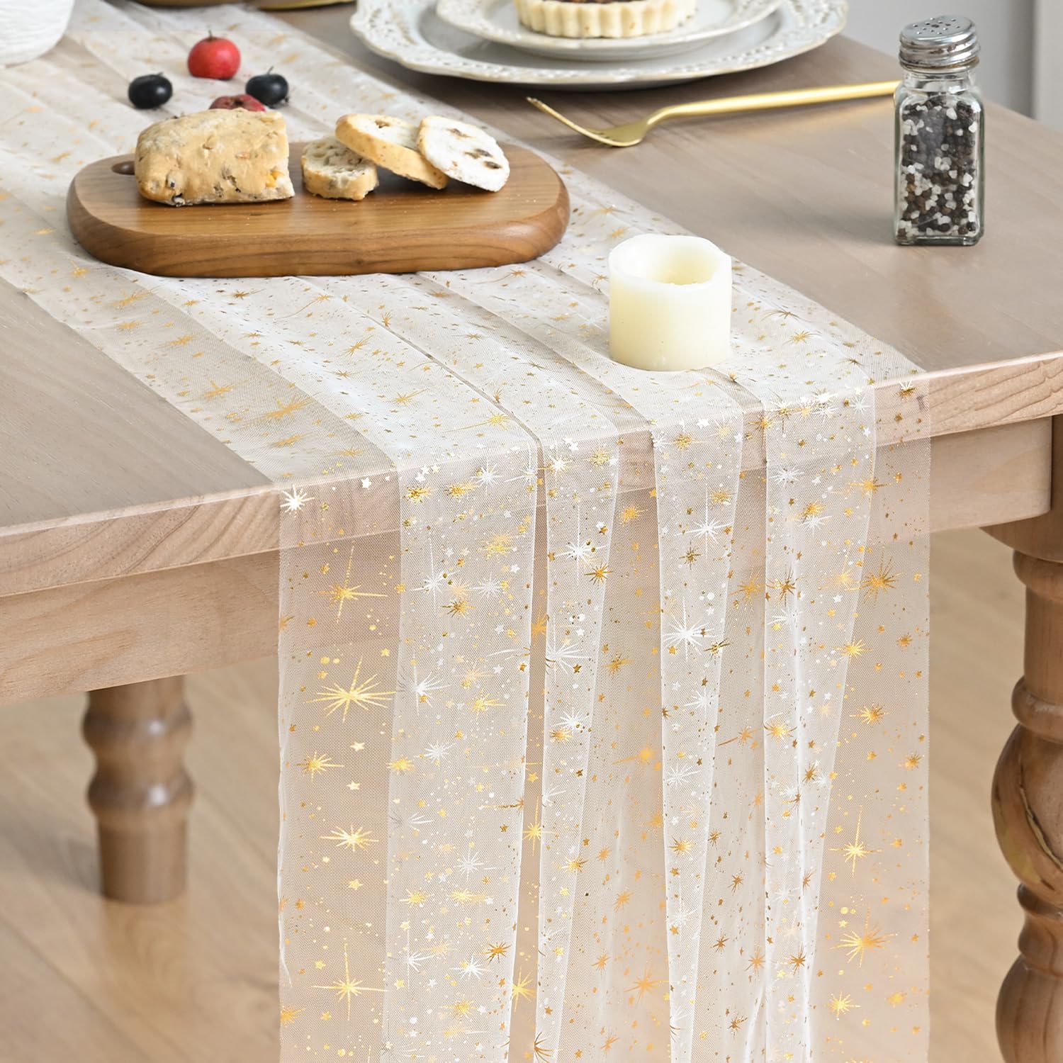 Photo 1 of Artoid Mode Gold Stars Beige Gauze Table Runner 120 Inch 10FT, Reversible Glitter Sheer Dining Wedding Holiday Birthday Table Decor for Home Party