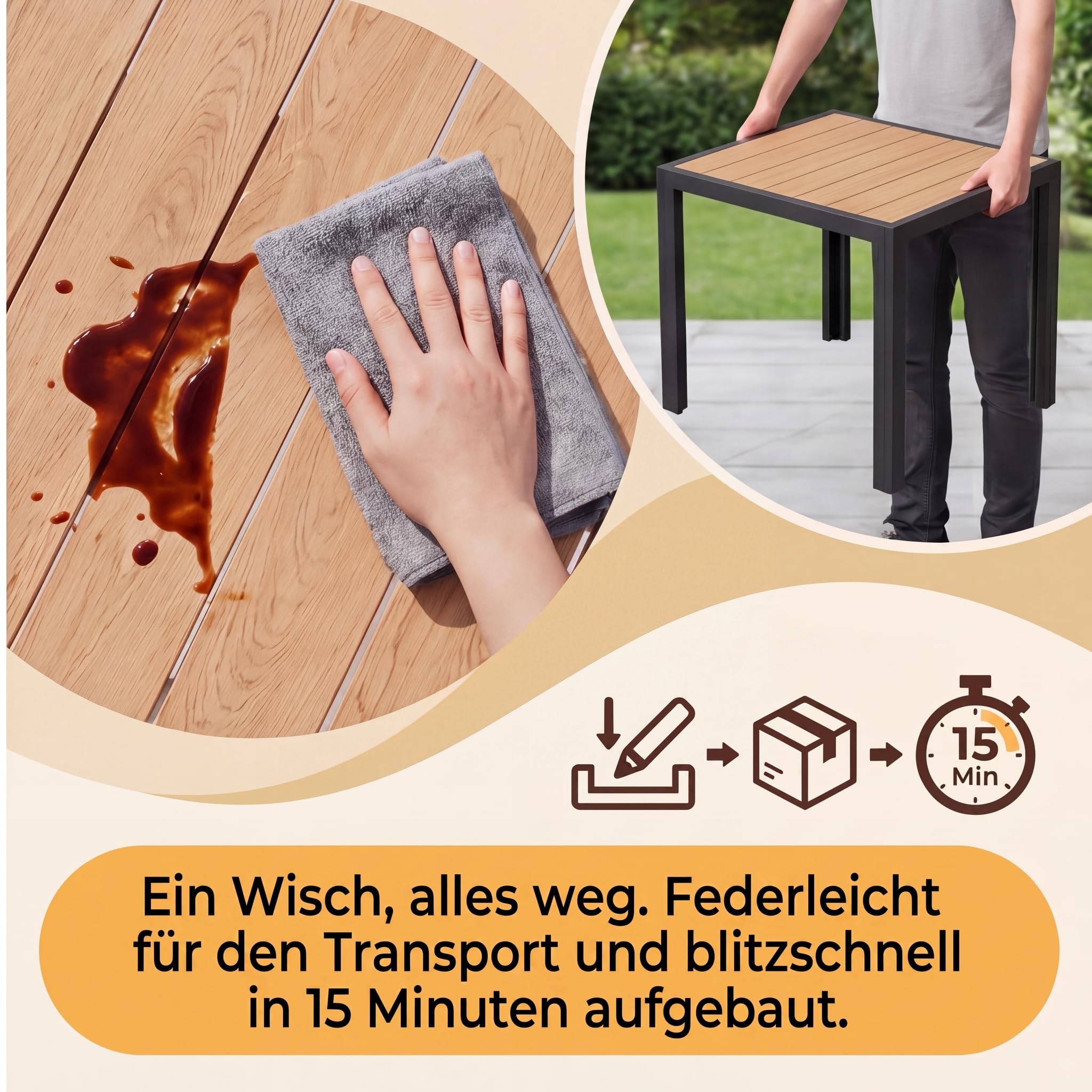 JUMMICO Gartentisch aus Aluminium mit Holzoptik, Wetterfester Outdoor Tisch in 150cm oder 189cm, Stabiler Esstisch für Garten und Terrasse