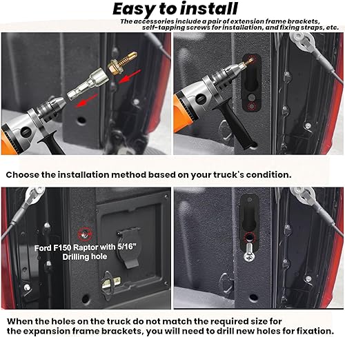 Vista 17 de Extensor de caja de camión, expansión de puerta trasera, apto para Ford F150 7+Titan 7+Sierra 3+Ram 1500/2500/3500, compatible con todos los rieles