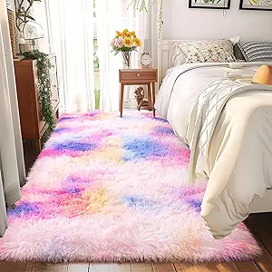 Rainbow Rug - 2x6' Runner Non-Slip Height Pile 1.4" Plush Rug Rubber Back - Throw Carpets for Bedroom - Multicolor