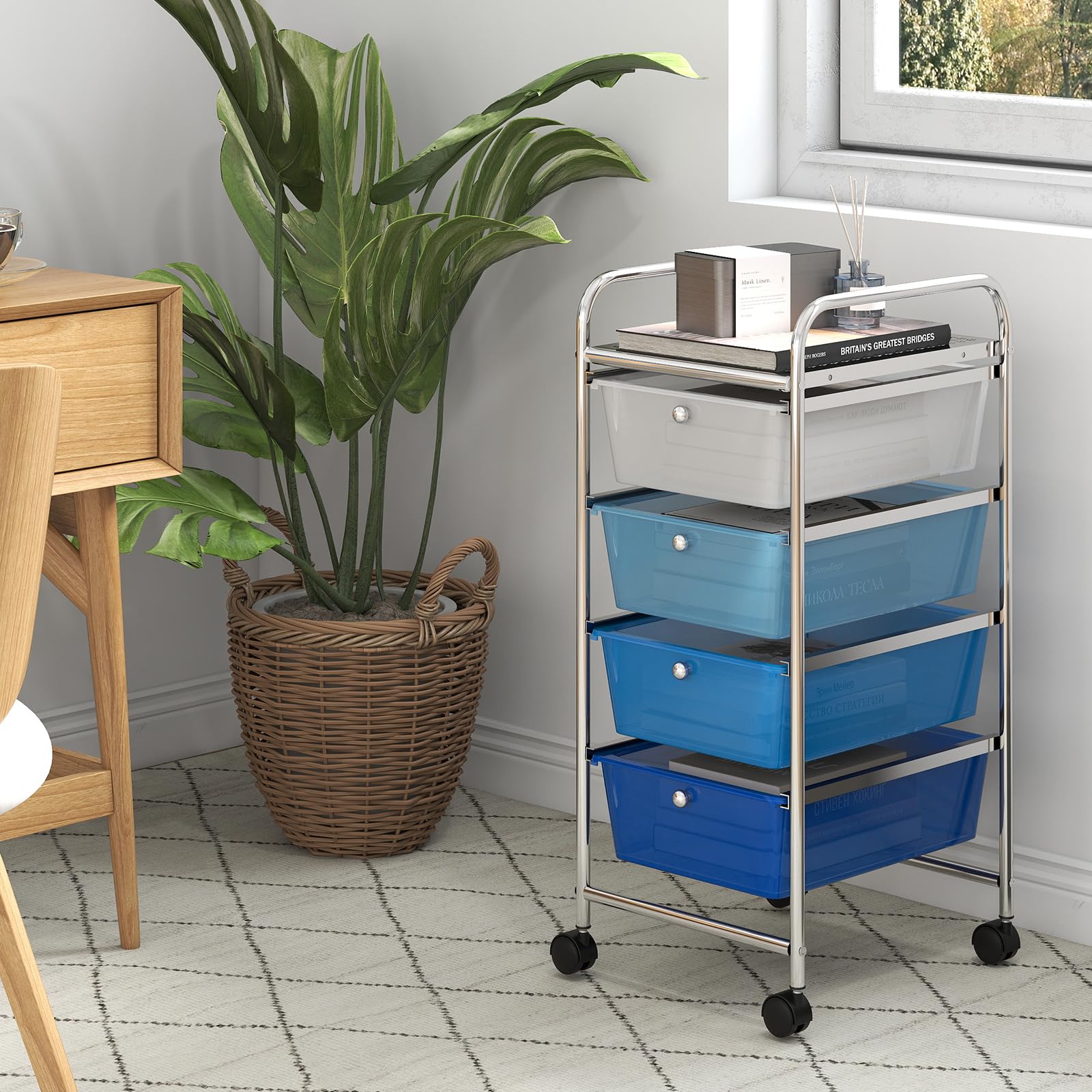 COSTWAY Chariot de Rangement à roulettes avec 4 Tiroirs Plastiques Amovibles, Tour de Rangement à roulettes, Cadre en Métal, Desserte pour Cuisine, Salle de Bain, École (32x37x76cm,Dégradé Bleu)