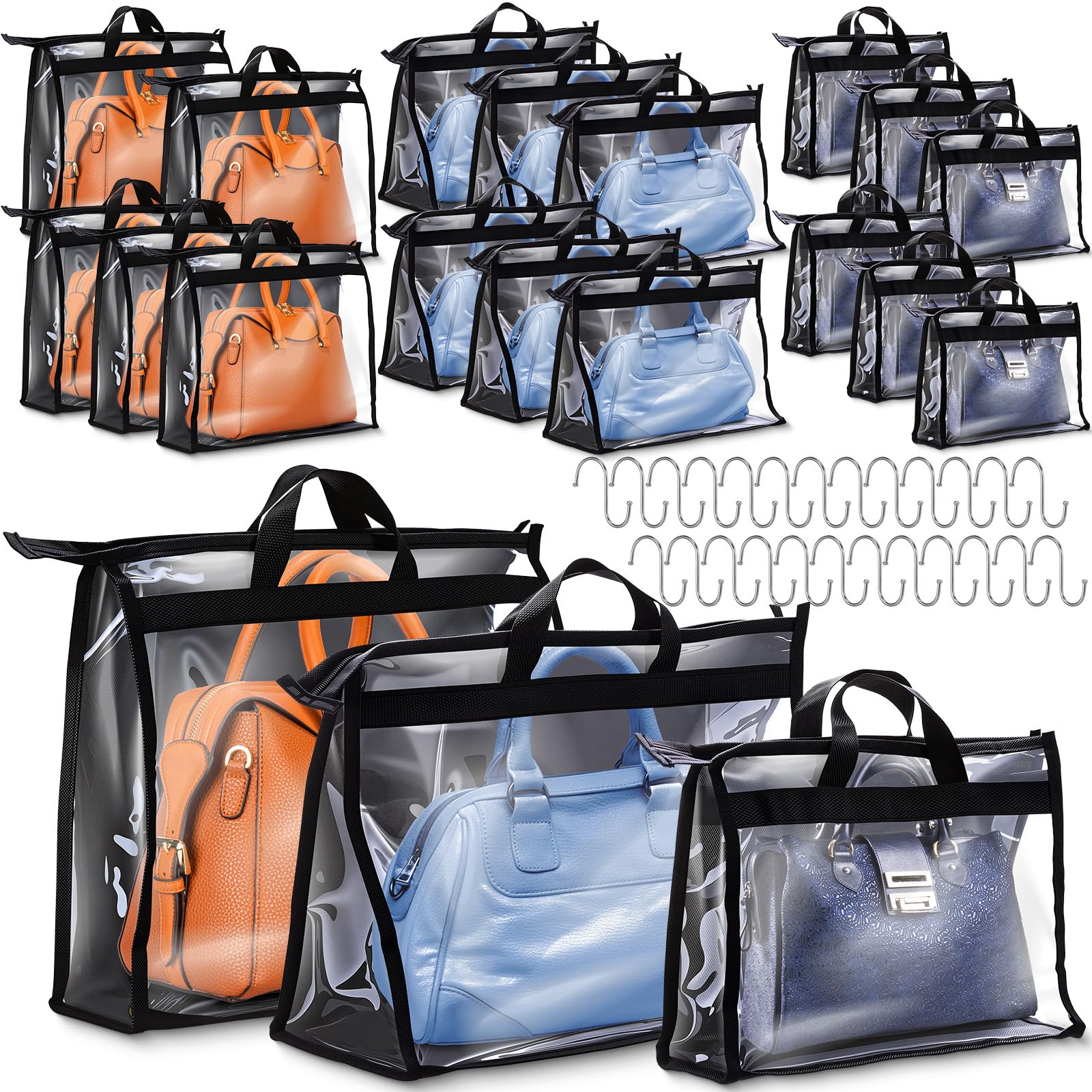 Chumia 20 Pack Dust Bags for Handbags Clear Handbag Storage Organizer, 3 Sizes Purse Storage Organizer for Closets Dust Cover Purse Protector Bag with Zipper and Handles with 25 Pcs S Hooks (Black)