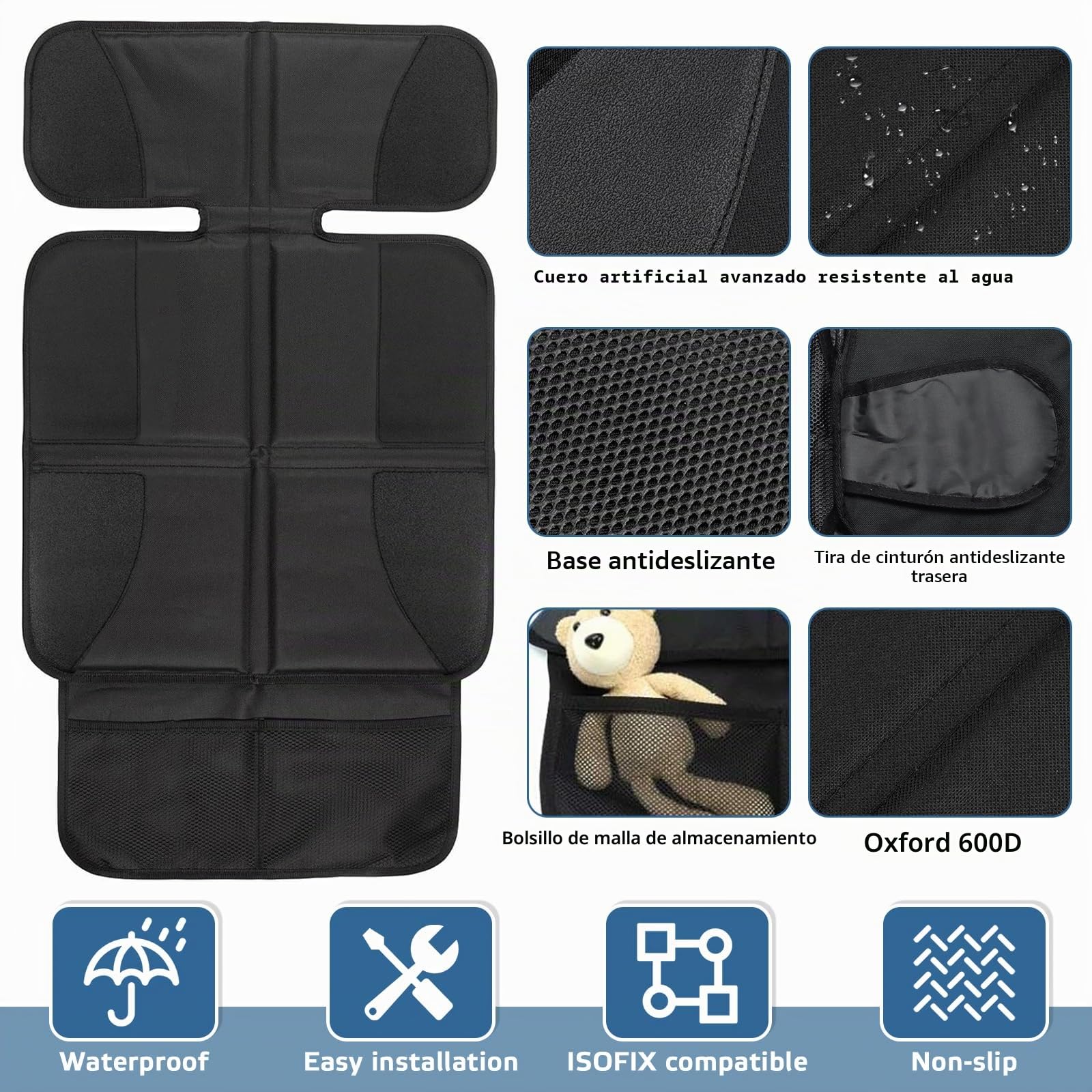 Raxfekro Protector de asiento de coche universal compatible, 600D Oxford Protector de asiento infantil para coche, antideslizante, impermeable, con bolsillos de malla (negro)
