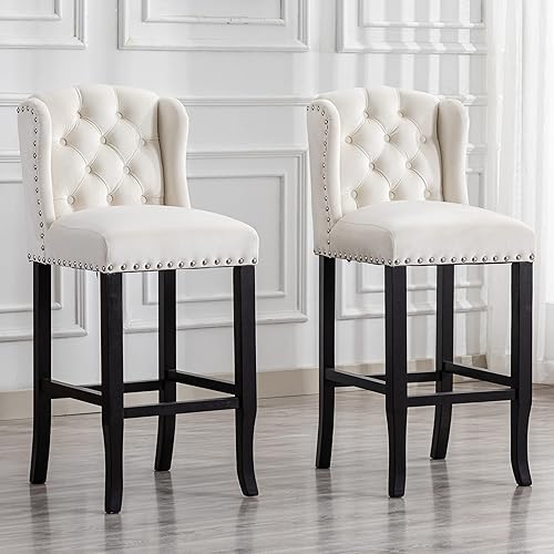 DUOMAY Modern Tufted Bar Stools Set of 2, 30" Bar Height Bar Chairs with Back, Velvet Kitchen Island Chair Barstools with Wood Legs for Dining Room Bar Coffee Shop, White