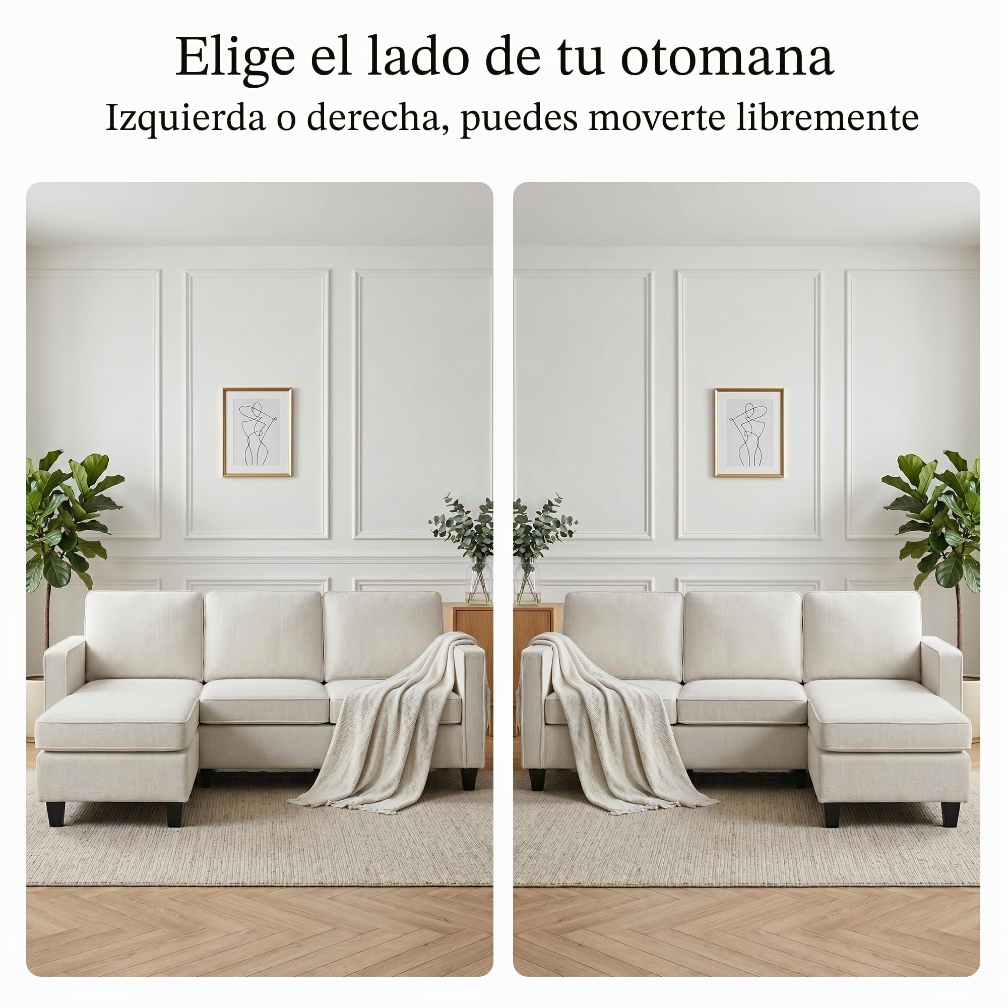 HIPIHOM Sofá de 3 plazas beige con taburete, moderno sofá en forma de L con reposapiés móvil, cómodo sofá esquinero con acolchado de espuma para salón, dormitorio, oficina y espacios pequeños