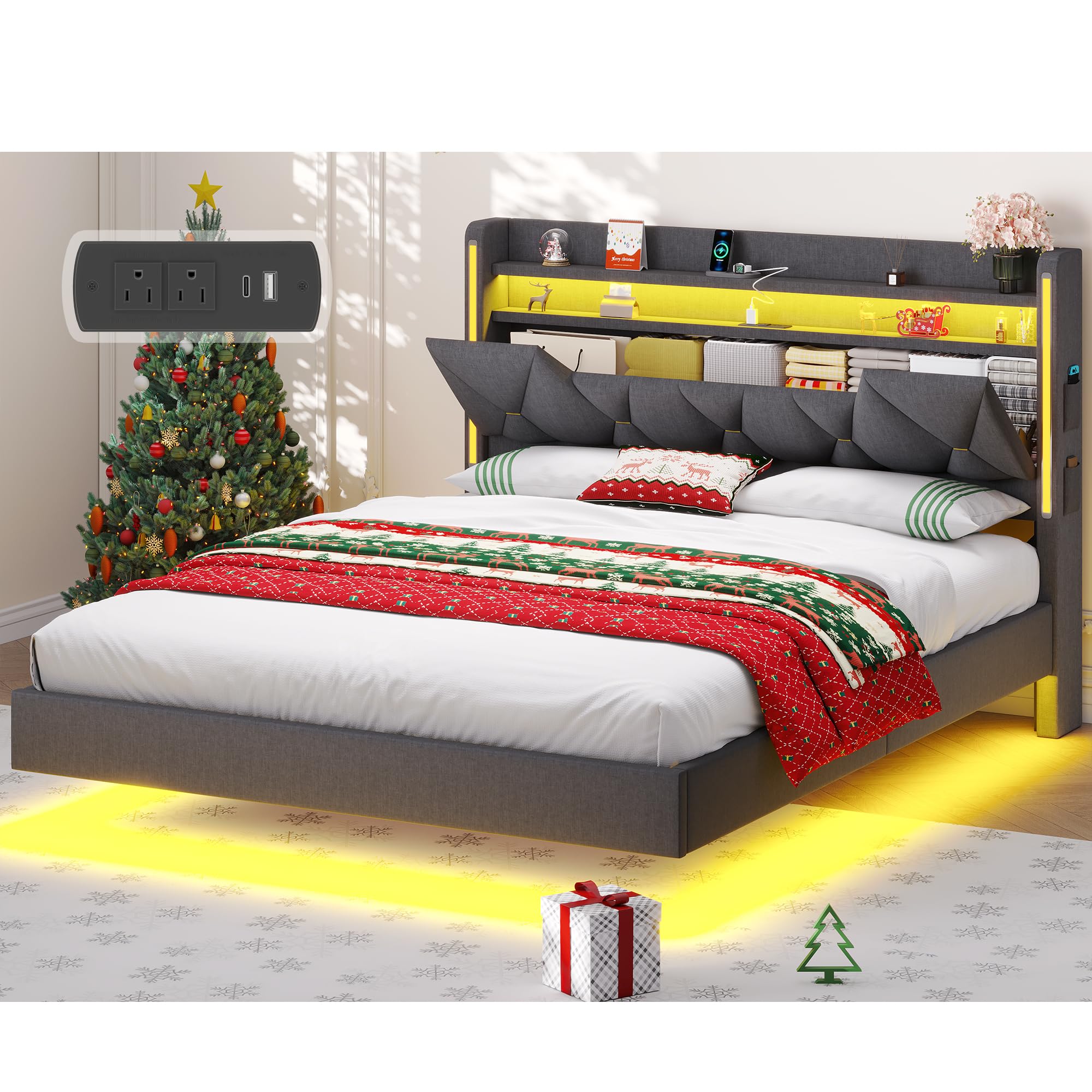 Floating Bed Frame Queen with Hidden Storage Headboard Heavy Duty Metal Platform with Dual Zone LED Lights Charging