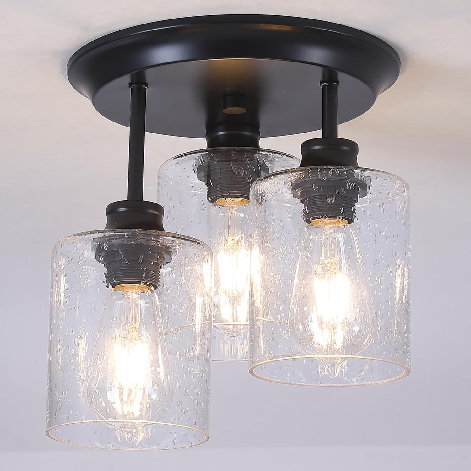 Semi Flush Mount Ceiling Light, Matte Black Kitchen Light Fixtures Ceiling Mount with Seeded Glass Shades, 3-Light Close to Ceiling Light Fixtures for Kitchen Hallway Foyer Dining Room.