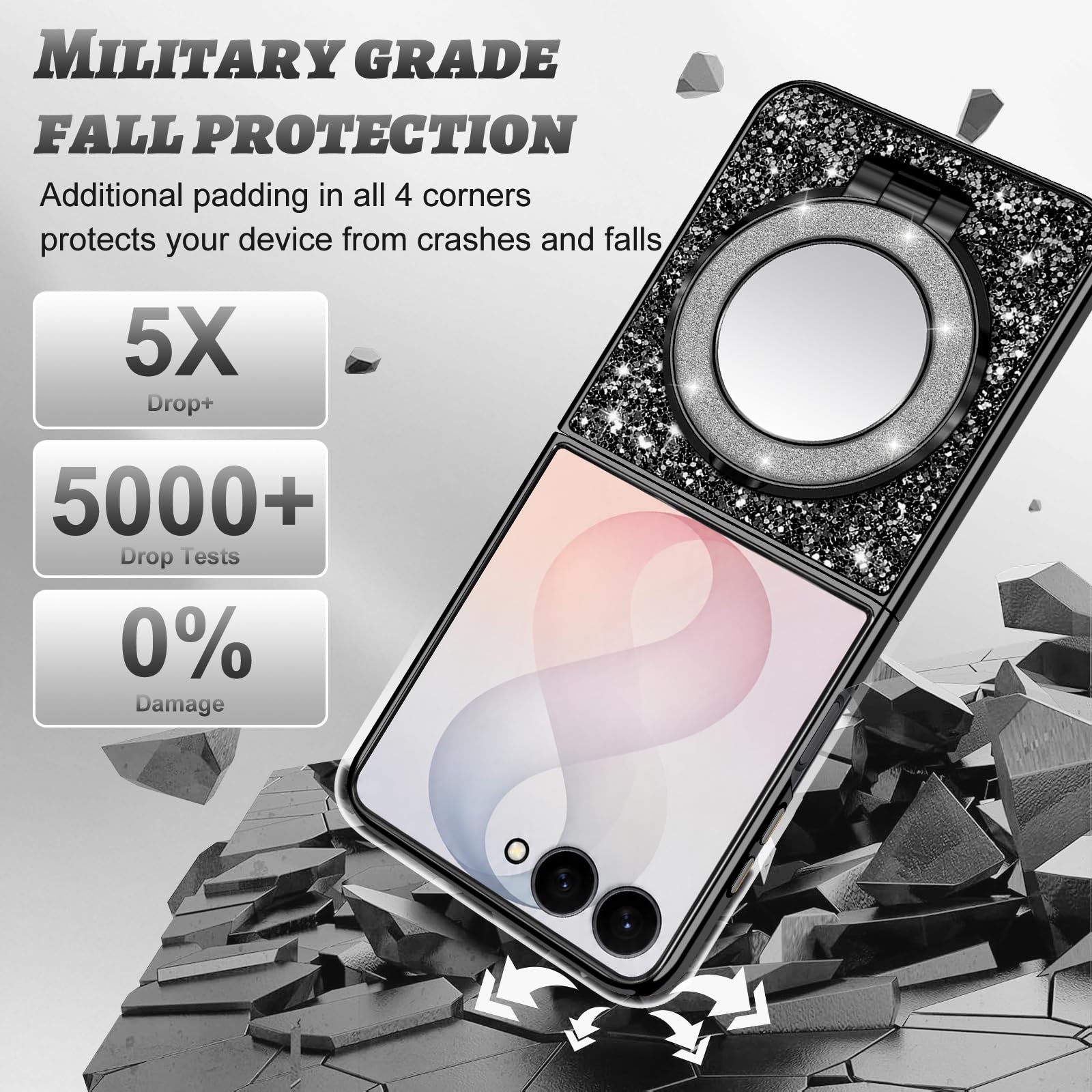 Silikon-Schutzhülle für Samsung Galaxy Z Flip 8 5G, Glitzer, glitzernd, matt, mit Mag-Safe, Make-up-Spiegel, Ständer, stoßfeste Schutzhülle für Samsung Z Flip 8, Schwarz