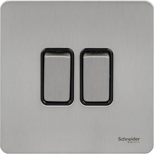 Schneider Electric Ultimate Screwless Flat Plate - Double Rocker 2 Way Light Switch, Single Pole, 16AX, GU1422BSS, Stainless Steel with Black Insert